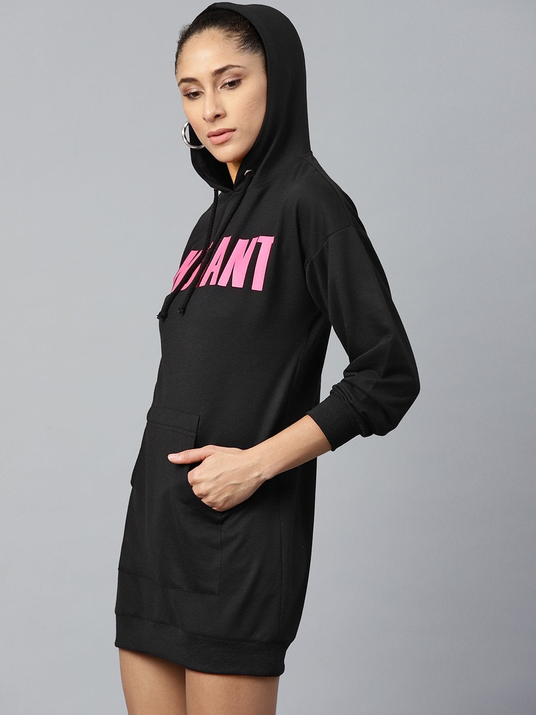 Women's Black Terry Instant-Print Hoodie Sweat Dress - SASSAFRAS