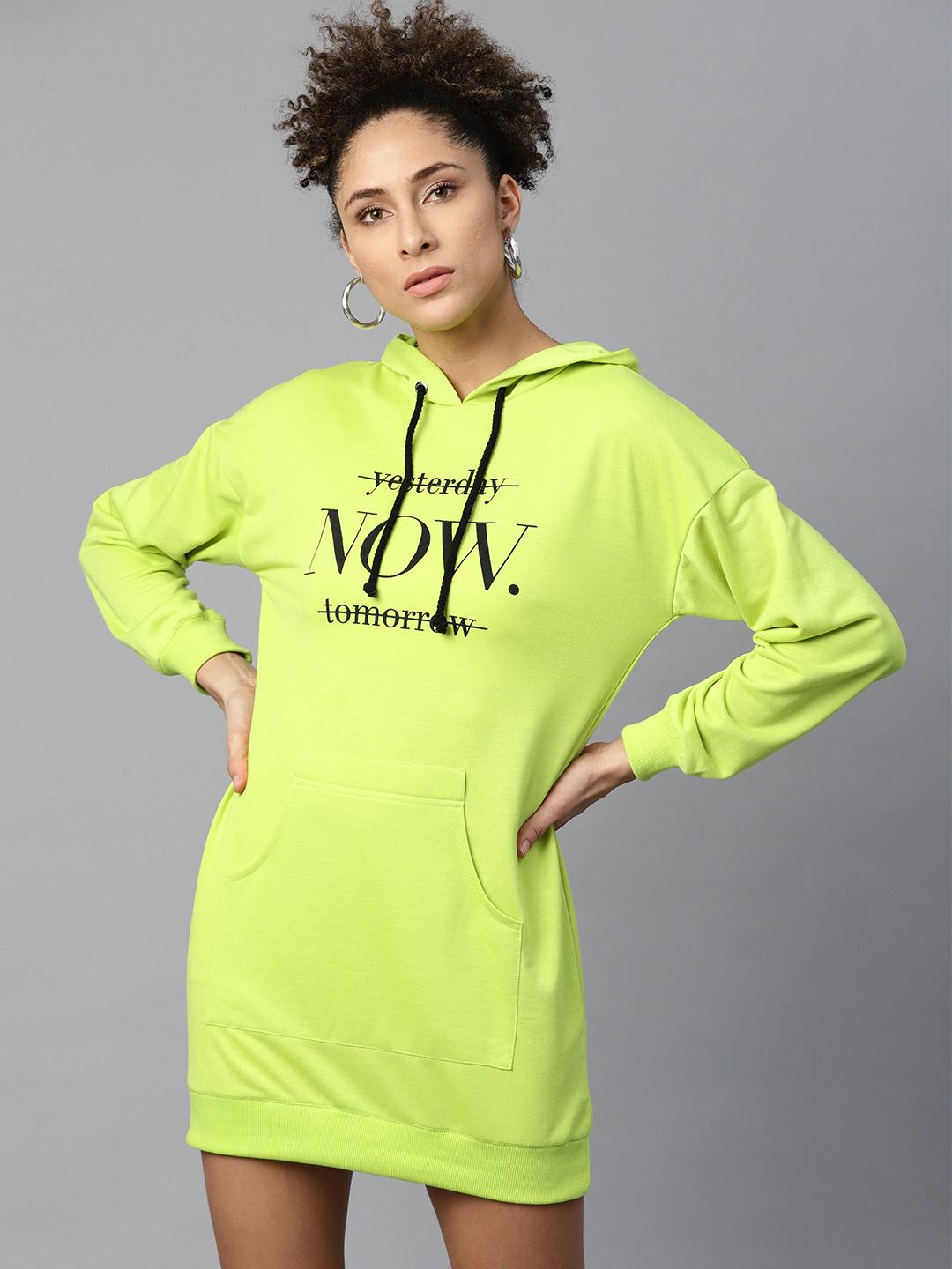 Women's Neon Green Now-Print Terry Hoodie Sweat Dress - SASSAFRAS