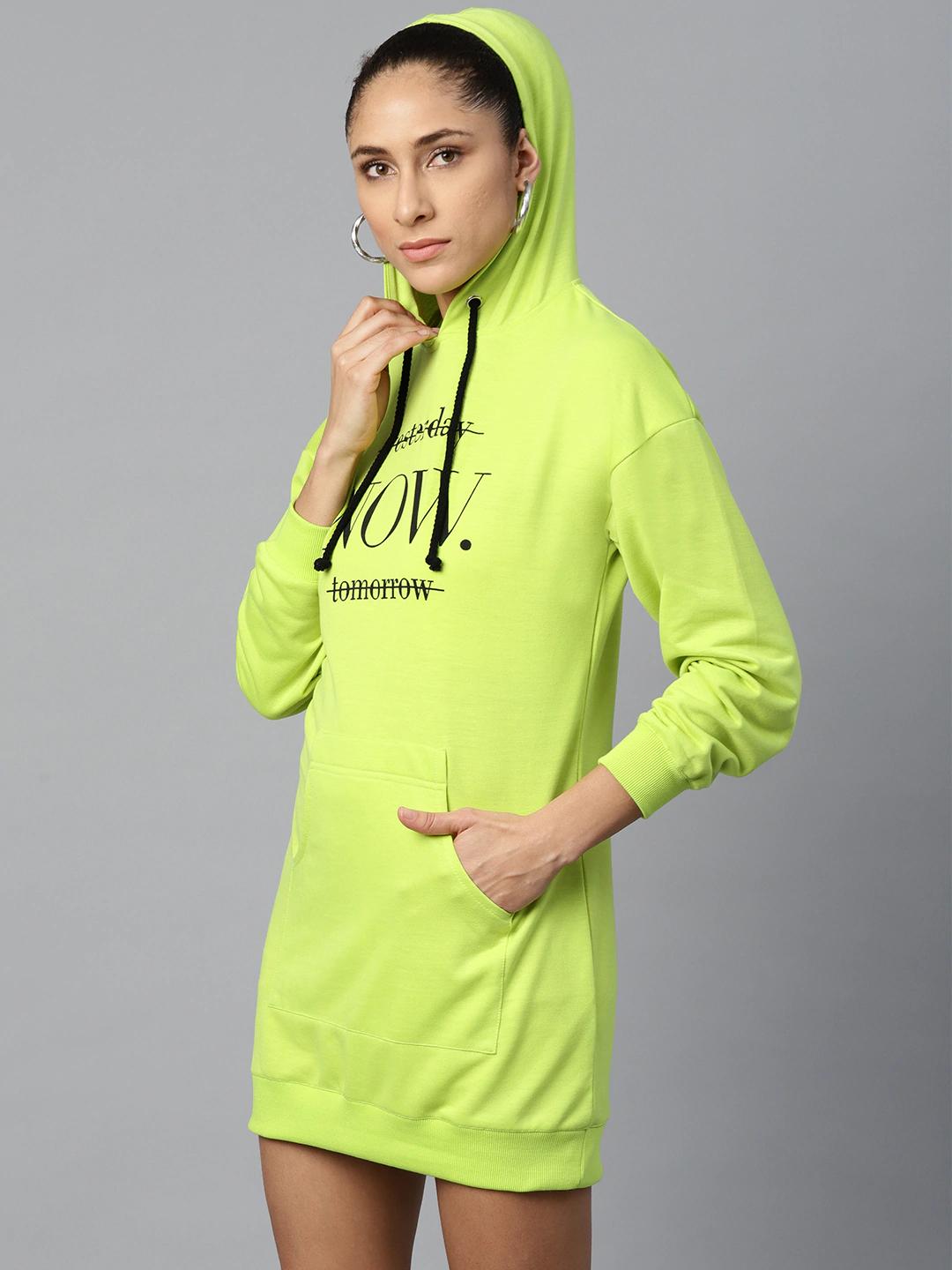 Women's Neon Green Now-Print Terry Hoodie Sweat Dress - SASSAFRAS