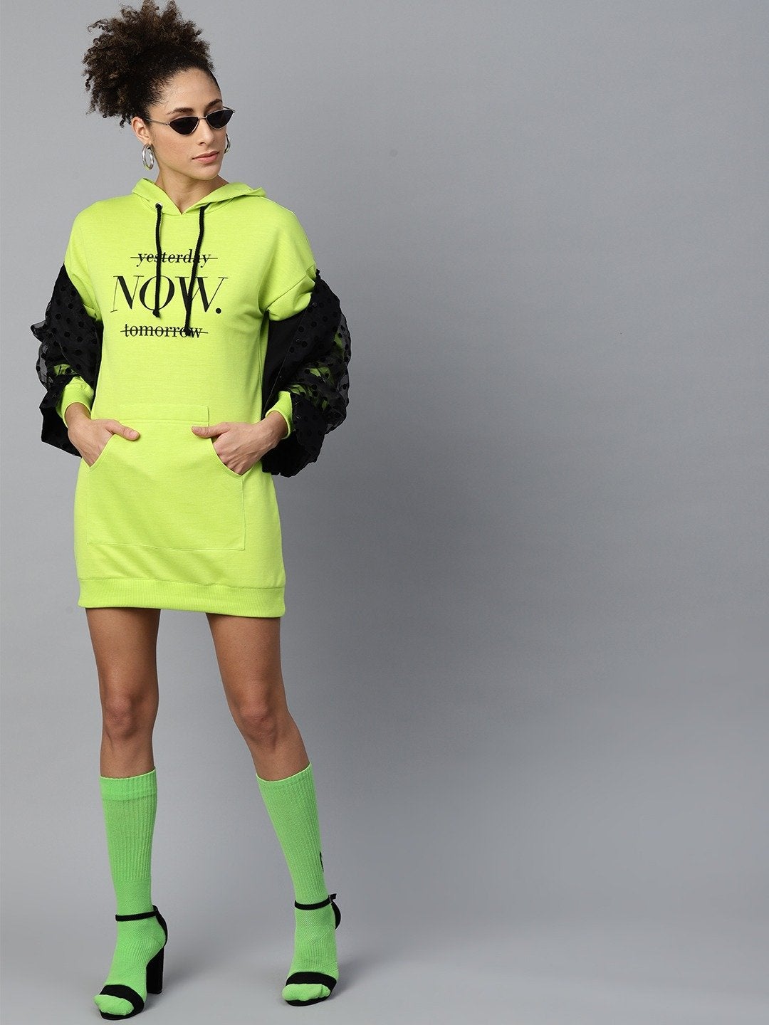 Women's Neon Green Now-Print Terry Hoodie Sweat Dress - SASSAFRAS