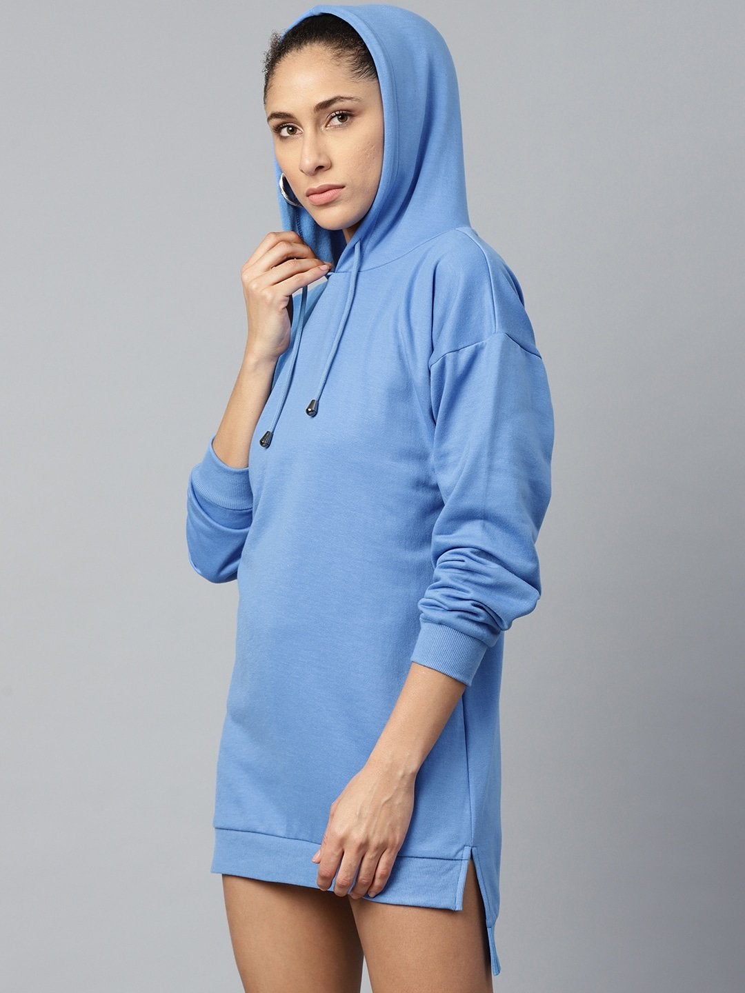 Women's Blue Fleece Hoodie Sweat Dress - SASSAFRAS