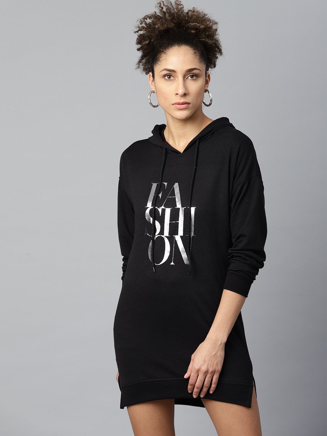 Women's Black Terry Fashion-Print Hoodie Sweat Dress - SASSAFRAS