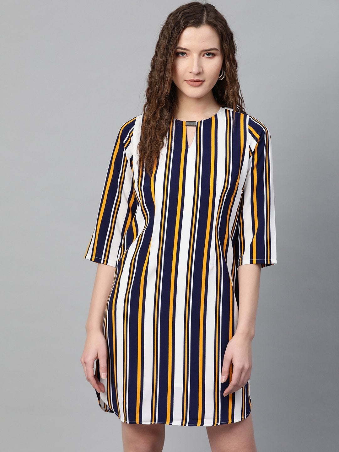 Women's Mustard Navy Stripe Shift Dress - SASSAFRAS