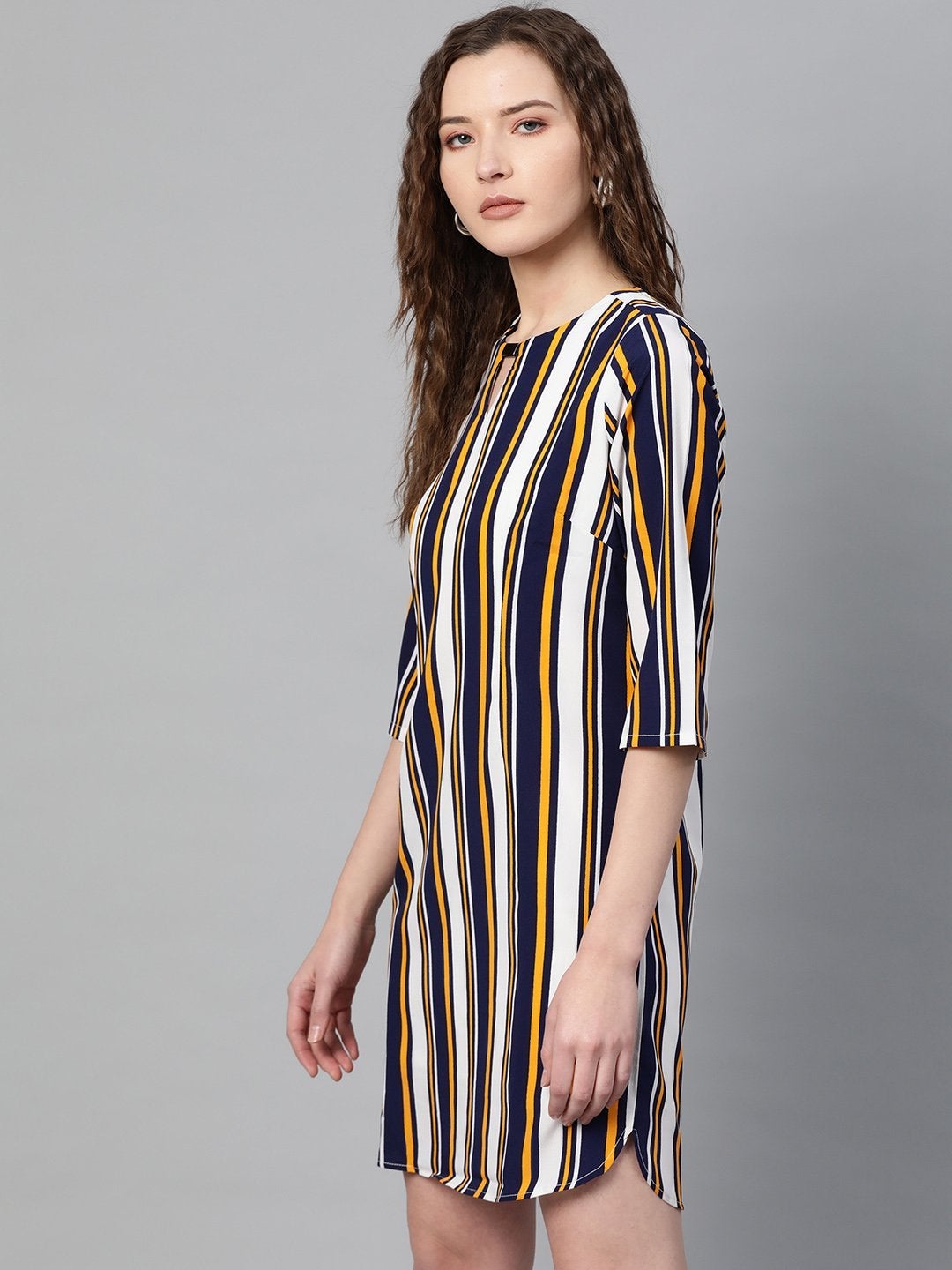 Women's Mustard Navy Stripe Shift Dress - SASSAFRAS