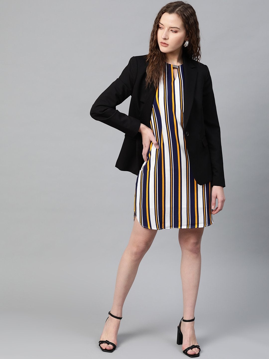 Women's Mustard Navy Stripe Shift Dress - SASSAFRAS