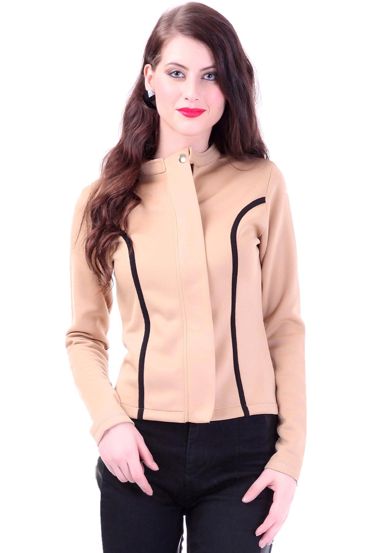 Women's Contrast Binding Beige Jacket - SASSAFRAS