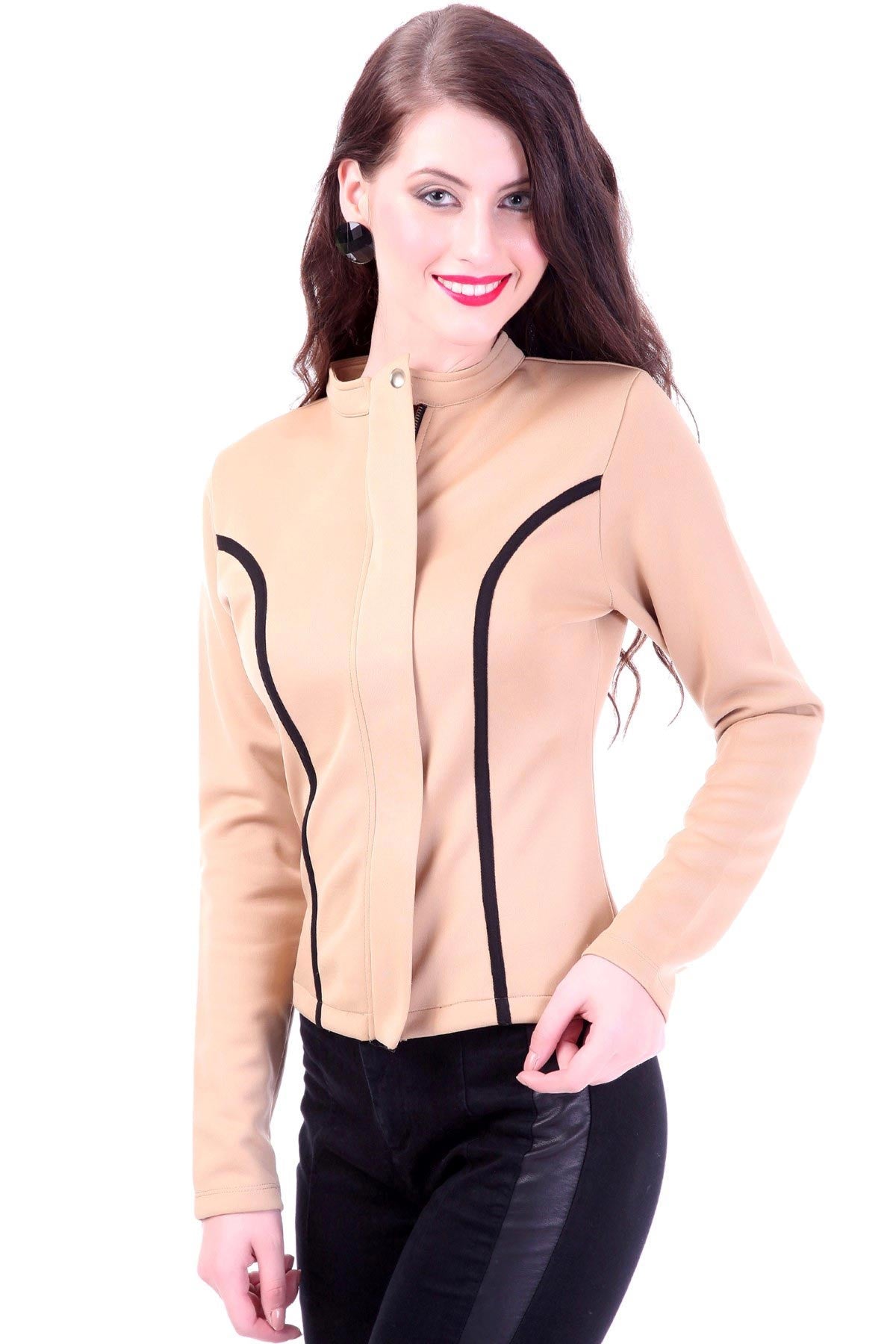 Women's Contrast Binding Beige Jacket - SASSAFRAS