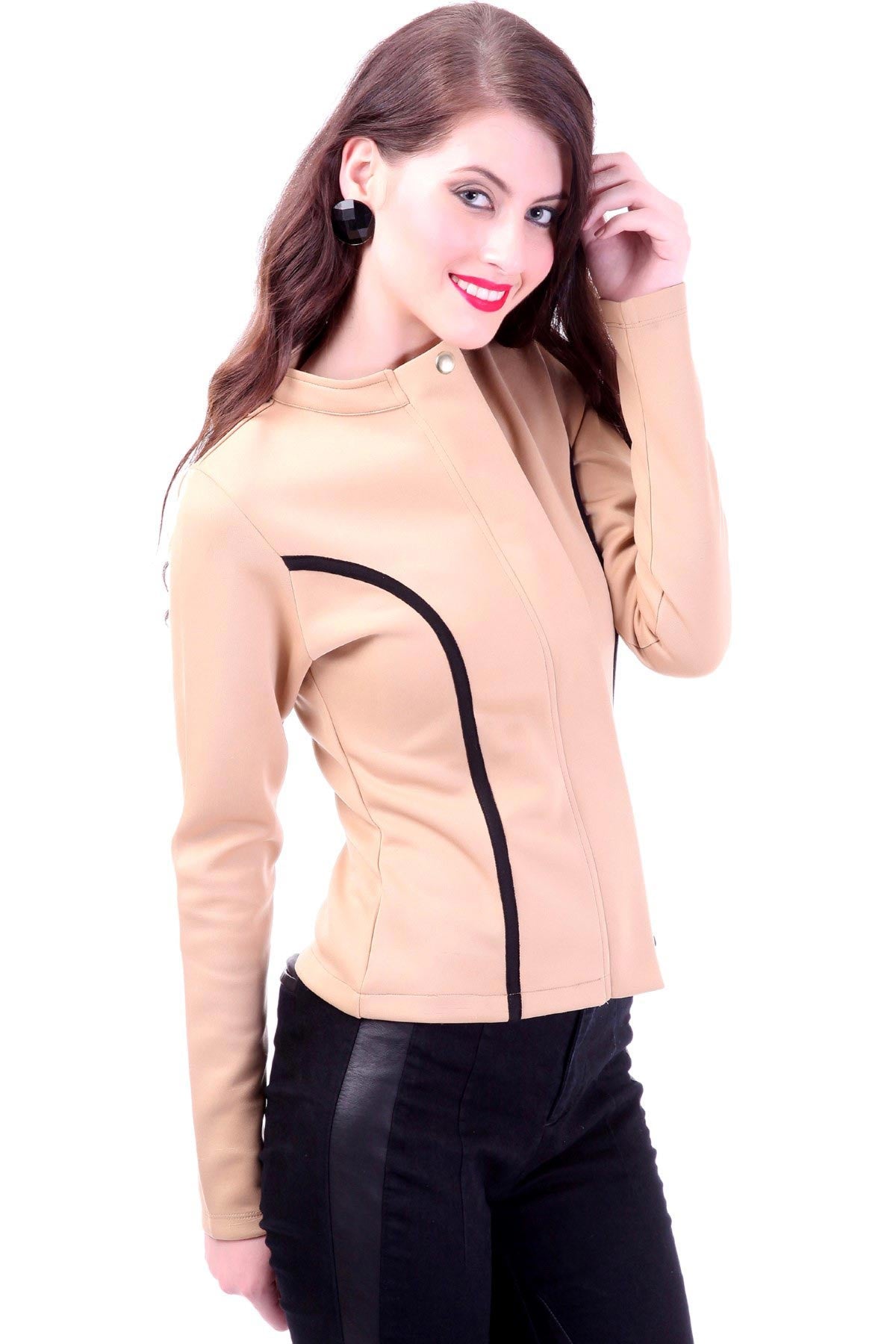 Women's Contrast Binding Beige Jacket - SASSAFRAS