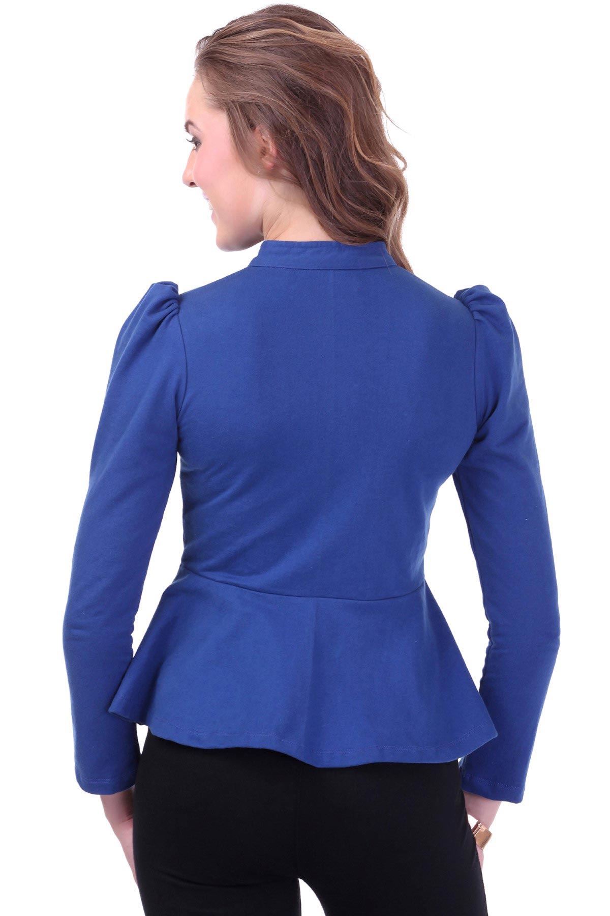 Women's Turtle Neck Blue Peplum Terry Jacket - SASSAFRAS