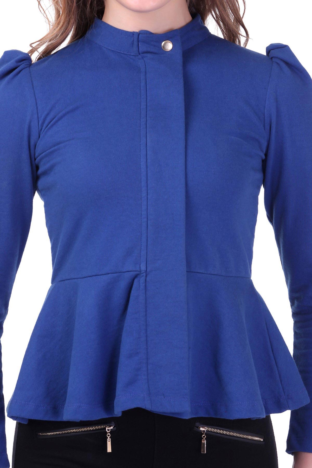 Women's Turtle Neck Blue Peplum Terry Jacket - SASSAFRAS