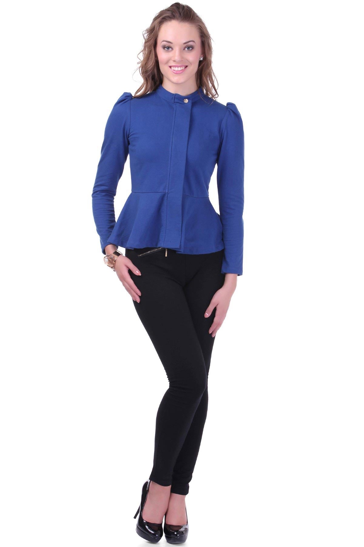 Women's Turtle Neck Blue Peplum Terry Jacket - SASSAFRAS