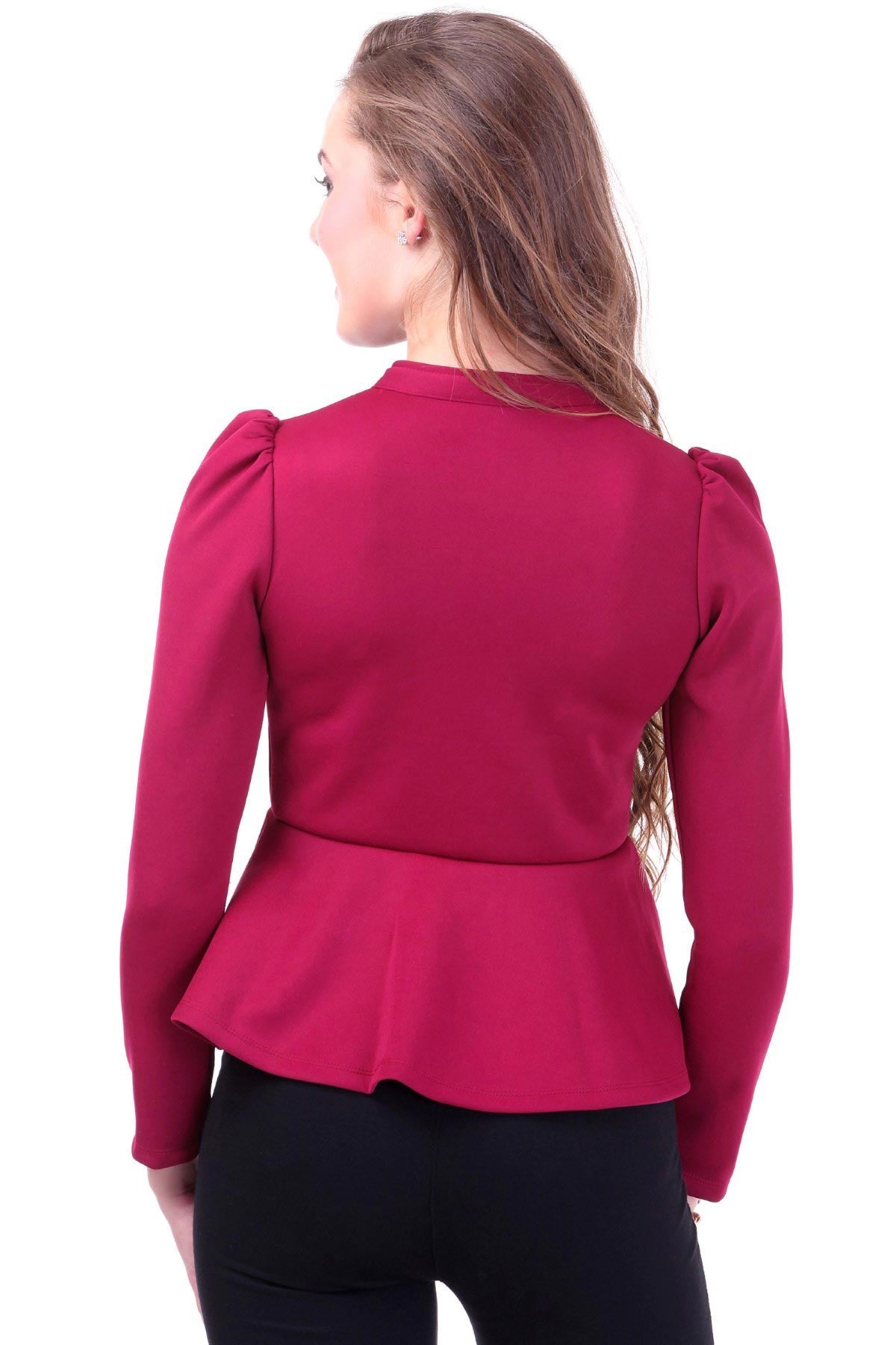 Women's Turtle Neck Maroon Peplum Terry Jacket - SASSAFRAS