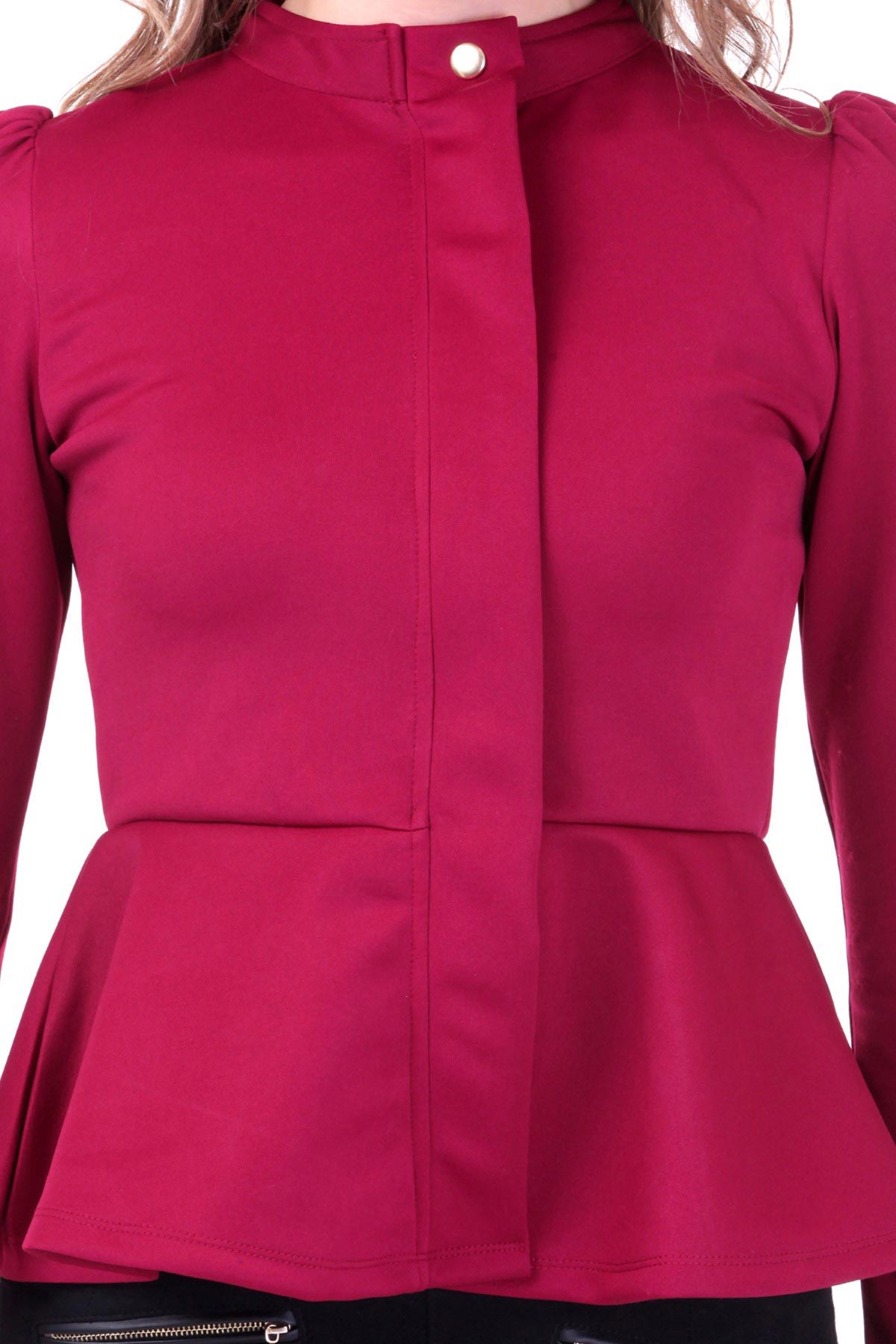 Women's Turtle Neck Maroon Peplum Terry Jacket - SASSAFRAS