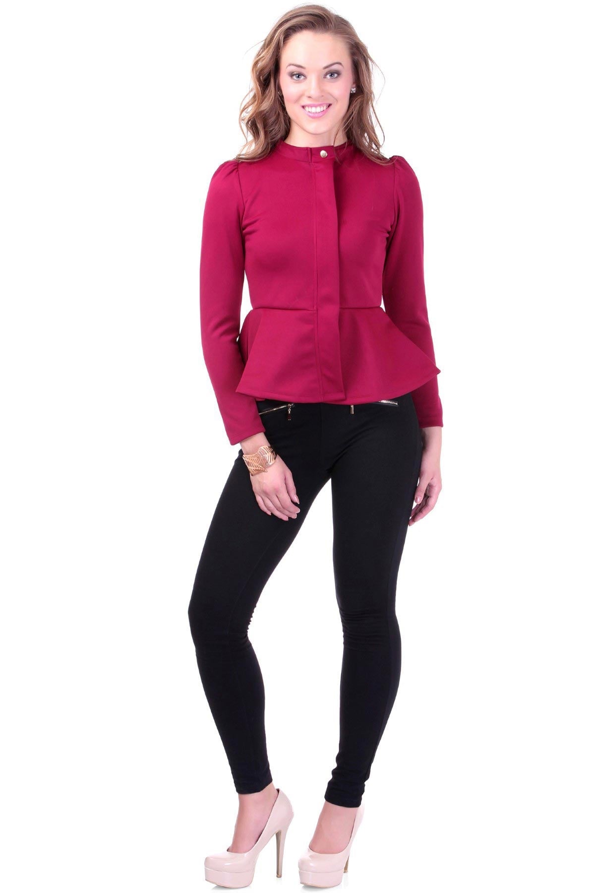 Women's Turtle Neck Maroon Peplum Terry Jacket - SASSAFRAS