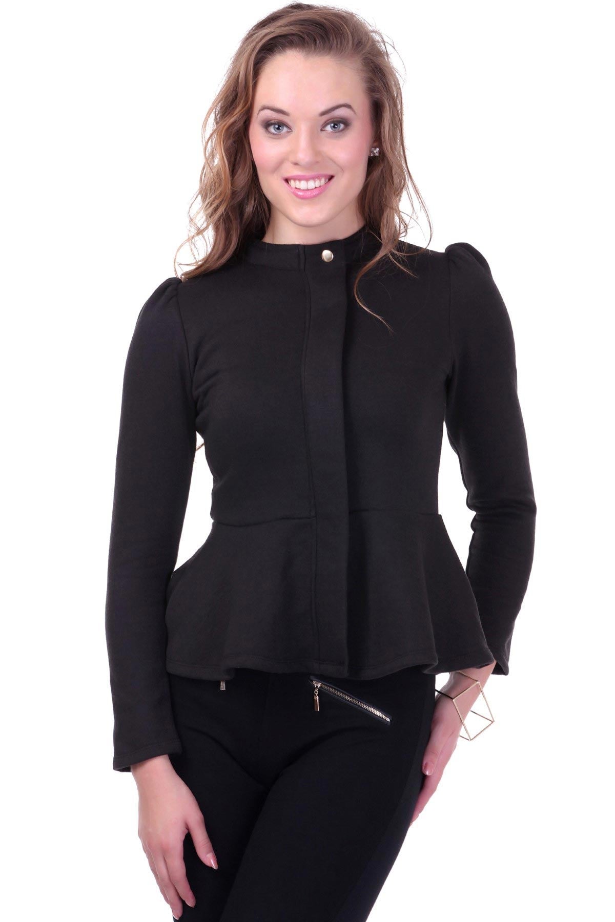 Women's Turtle Neck Black Peplum Terry Jacket - SASSAFRAS