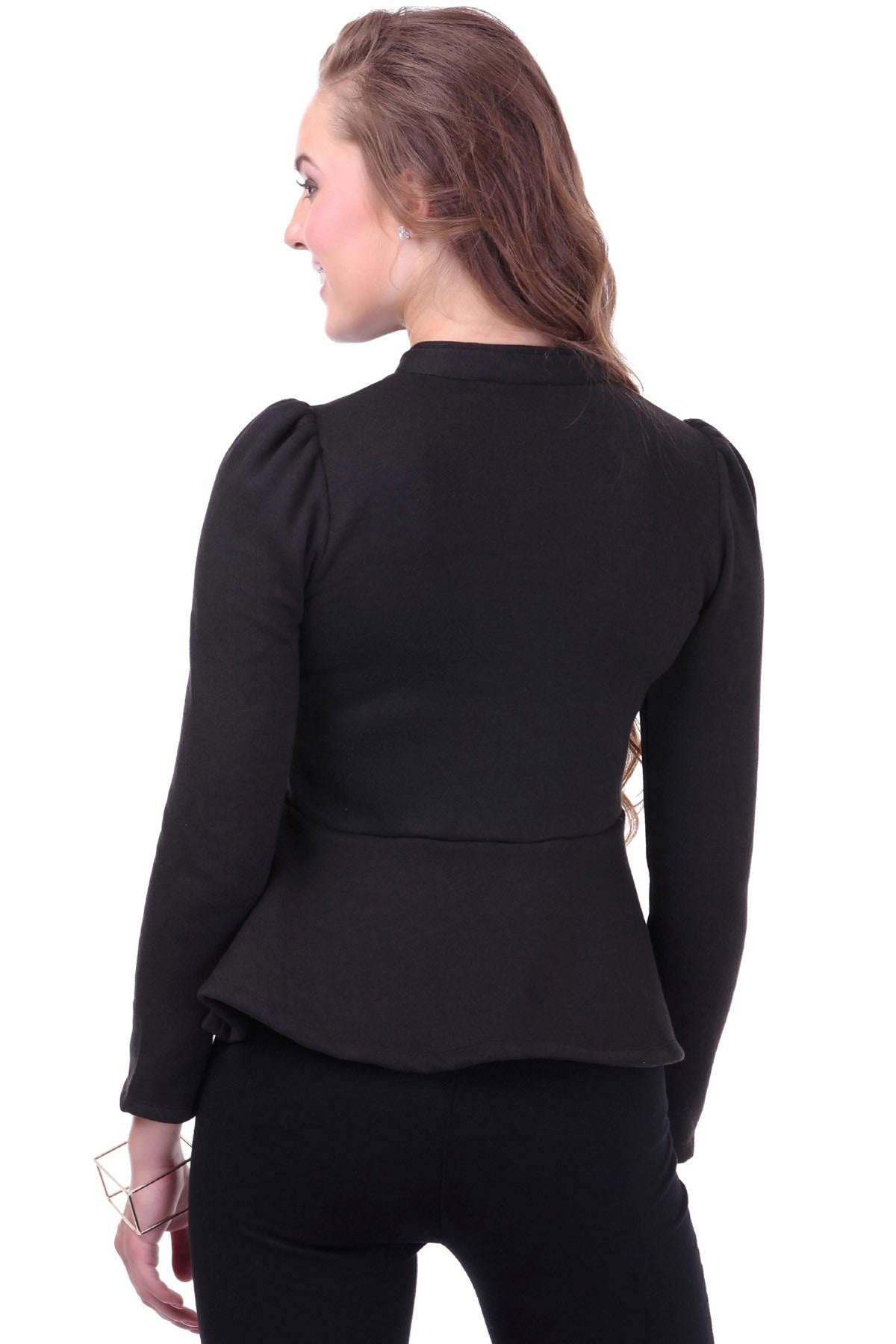 Women's Turtle Neck Black Peplum Terry Jacket - SASSAFRAS