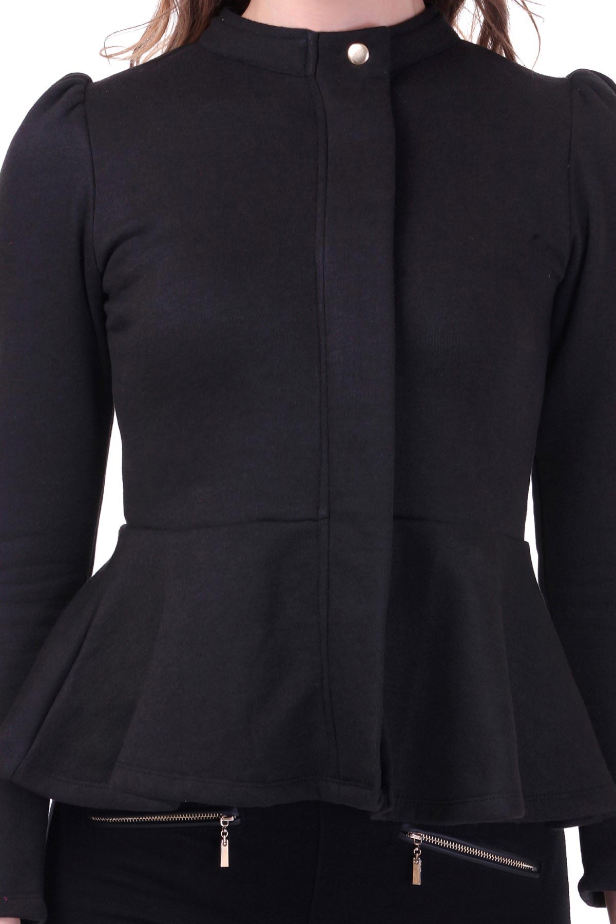 Women's Turtle Neck Black Peplum Terry Jacket - SASSAFRAS