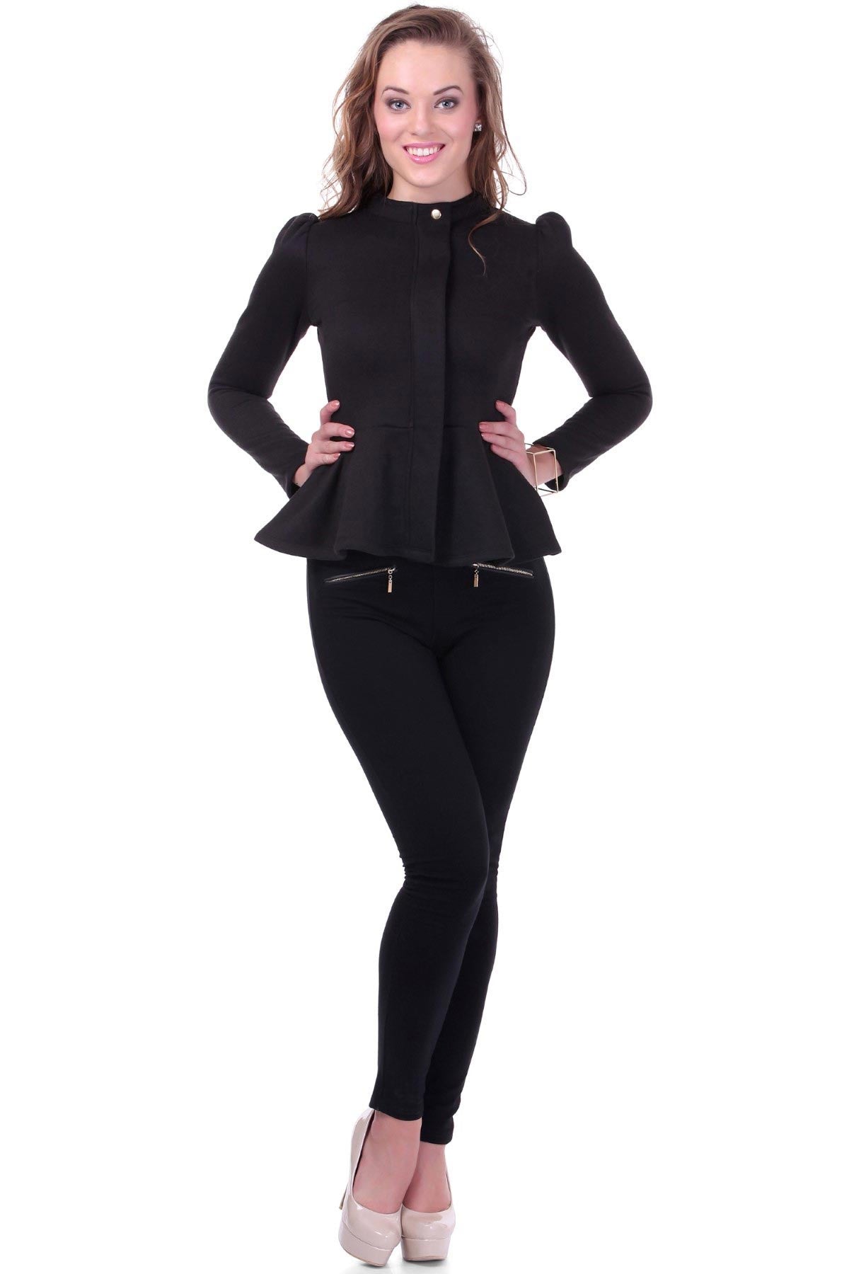 Women's Turtle Neck Black Peplum Terry Jacket - SASSAFRAS