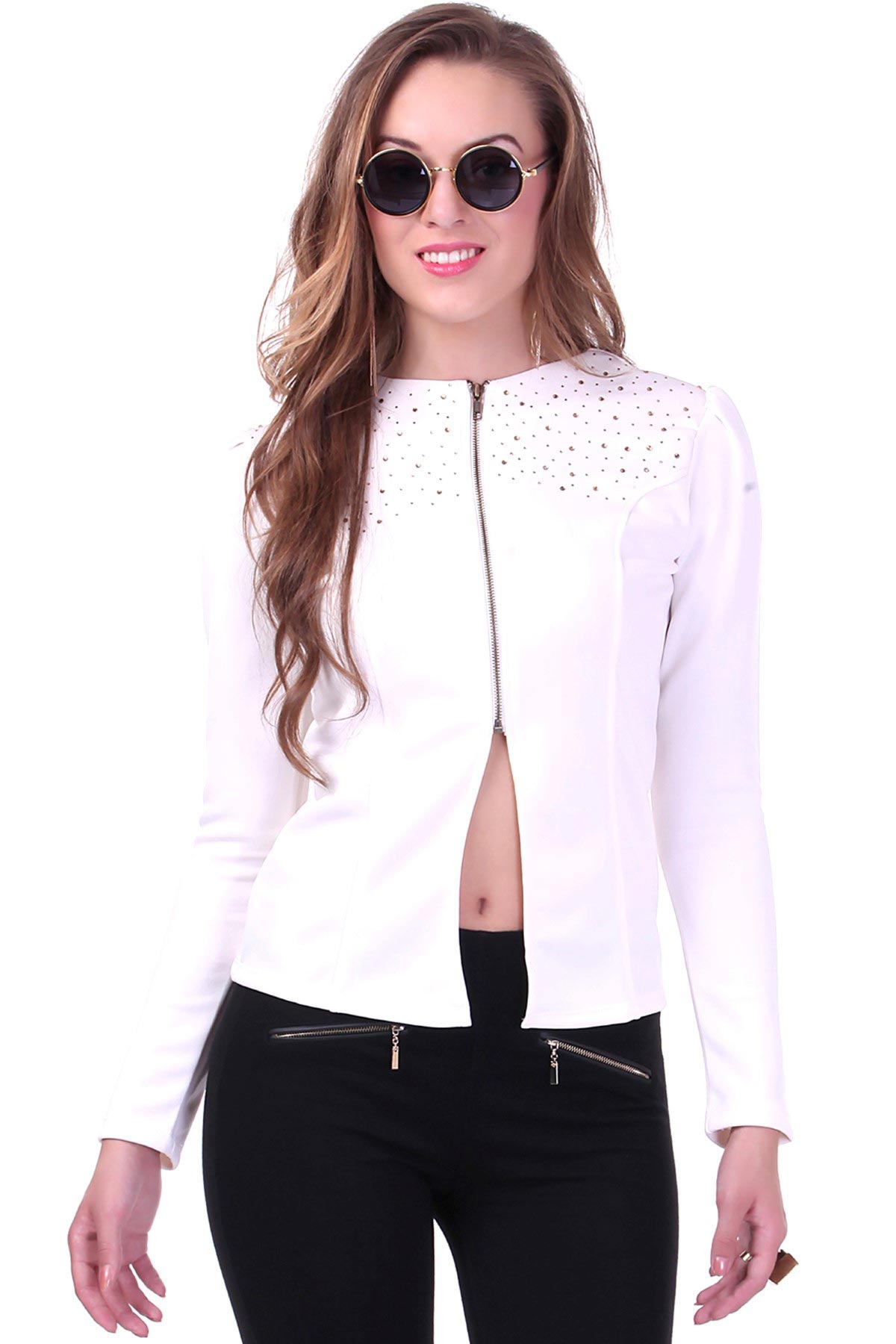 Women's Ivory Crystal Studded Jacket - SASSAFRAS