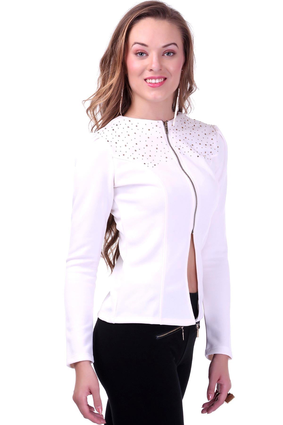 Women's Ivory Crystal Studded Jacket - SASSAFRAS