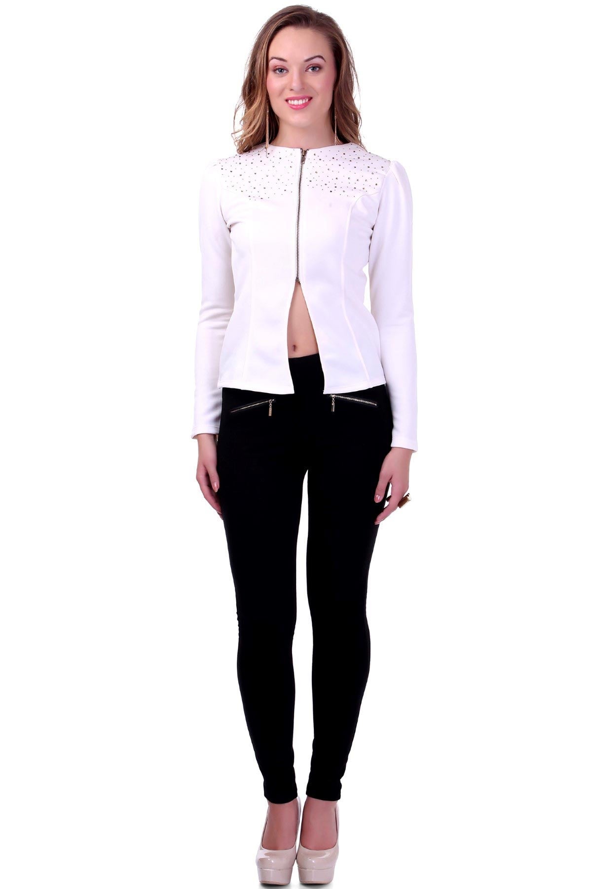 Women's Ivory Crystal Studded Jacket - SASSAFRAS