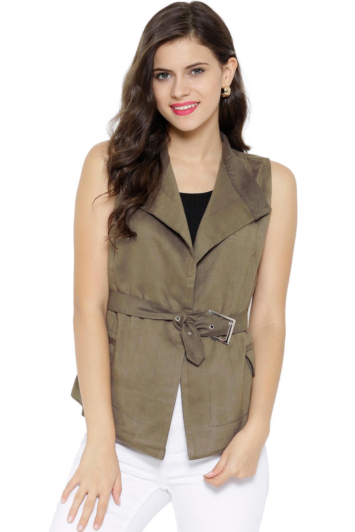 Women's Suede Sleeveless Green Trench Coat - SASSAFRAS