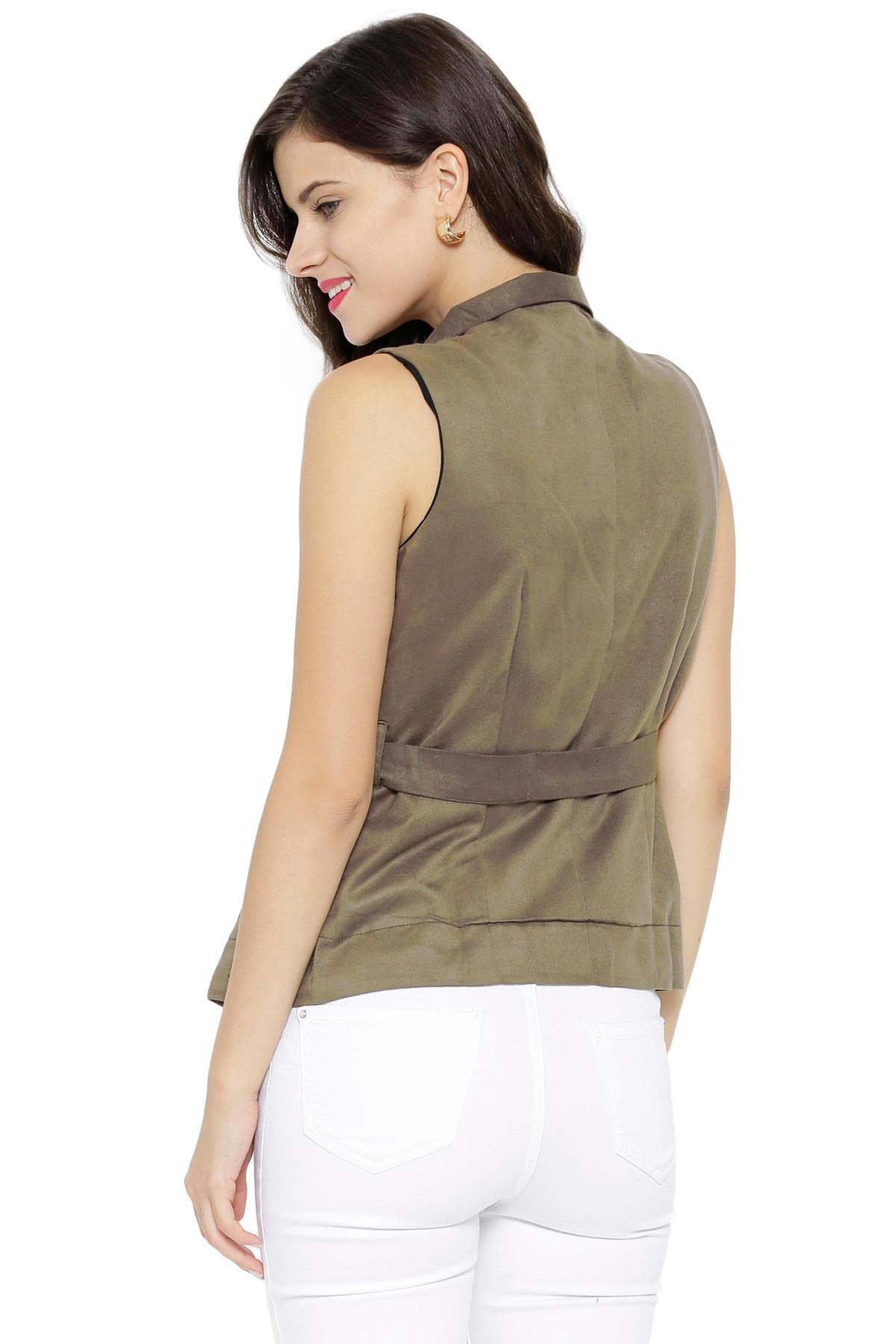 Women's Suede Sleeveless Green Trench Coat - SASSAFRAS