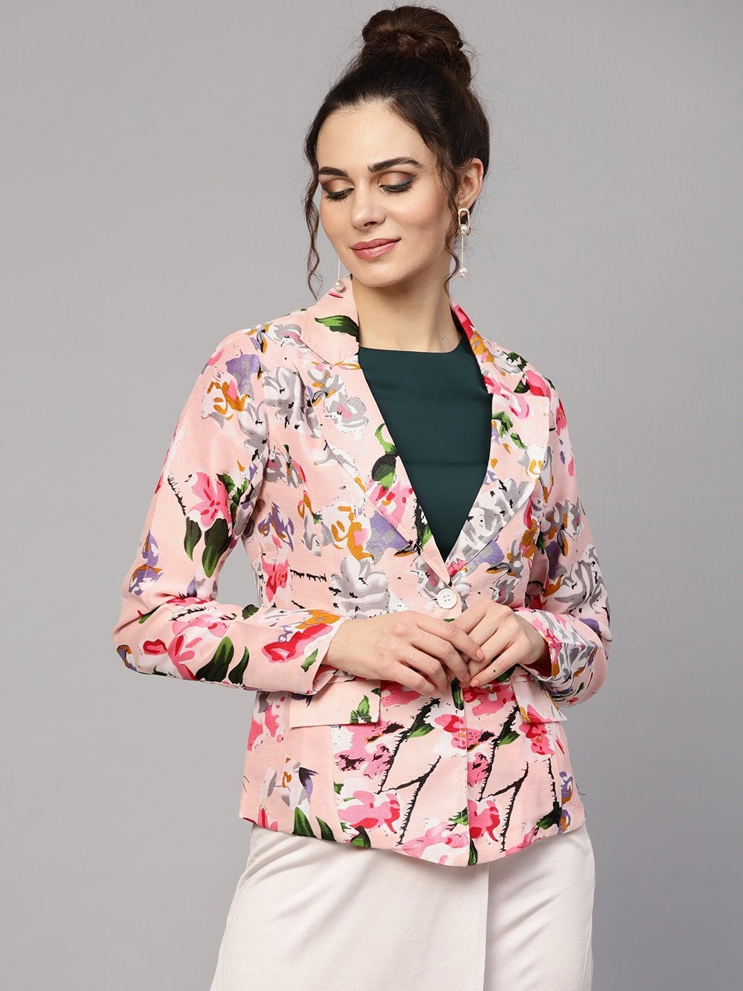 Women's Pink Floral Notched Collar Blazer - SASSAFRAS