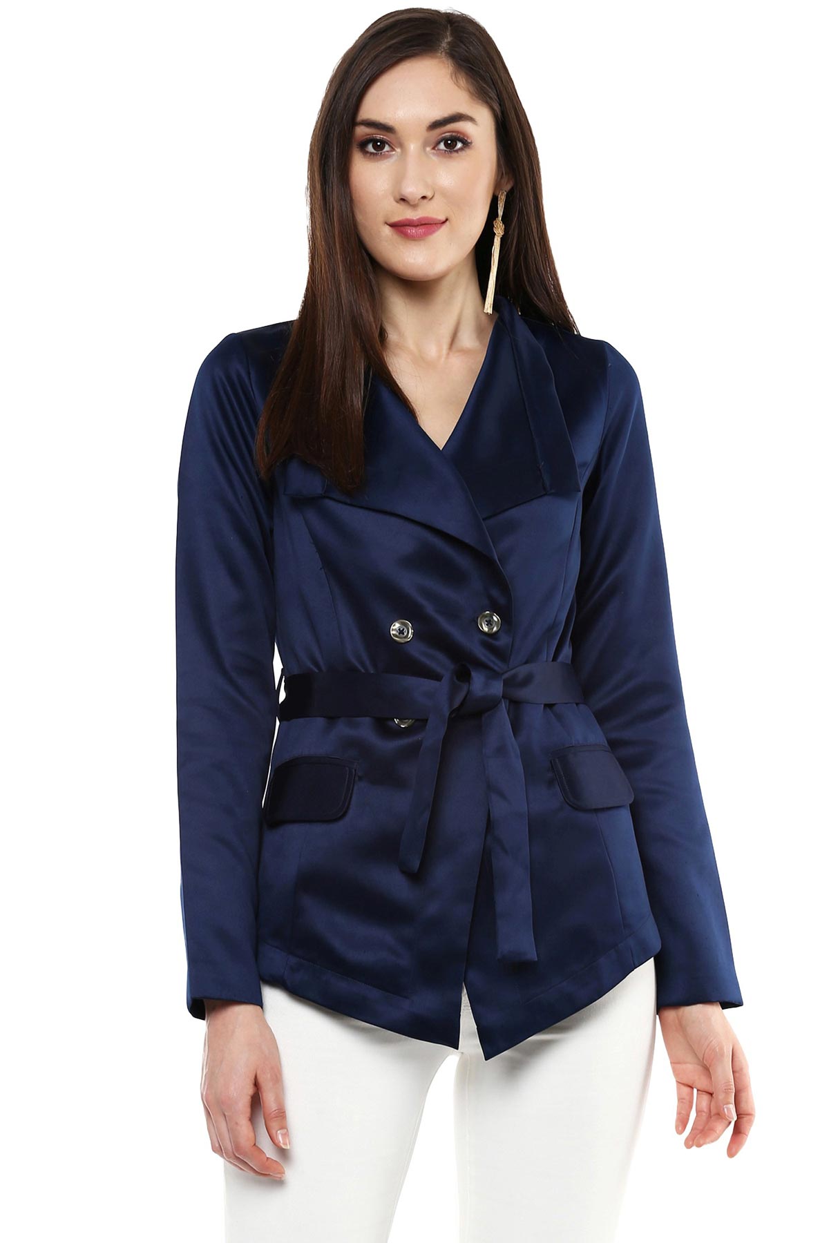 Women's Shawl Collar Navy Belted Jacket - SASSAFRAS