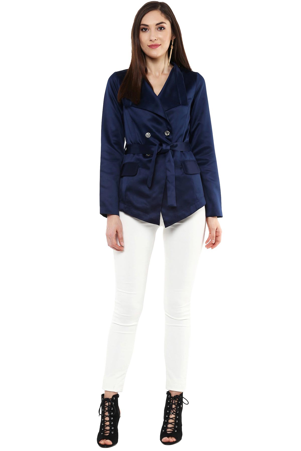 Women's Shawl Collar Navy Belted Jacket - SASSAFRAS