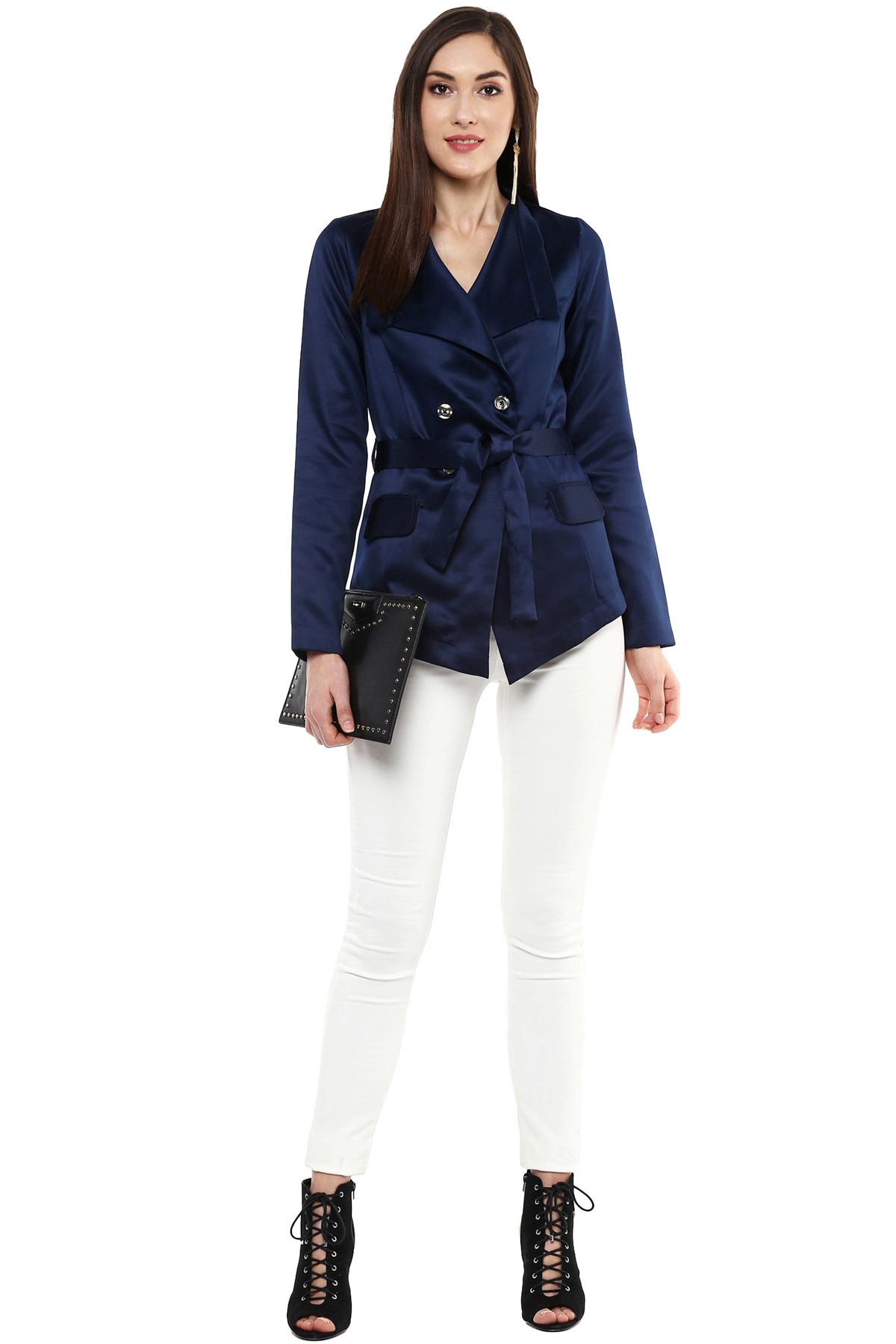 Women's Shawl Collar Navy Belted Jacket - SASSAFRAS