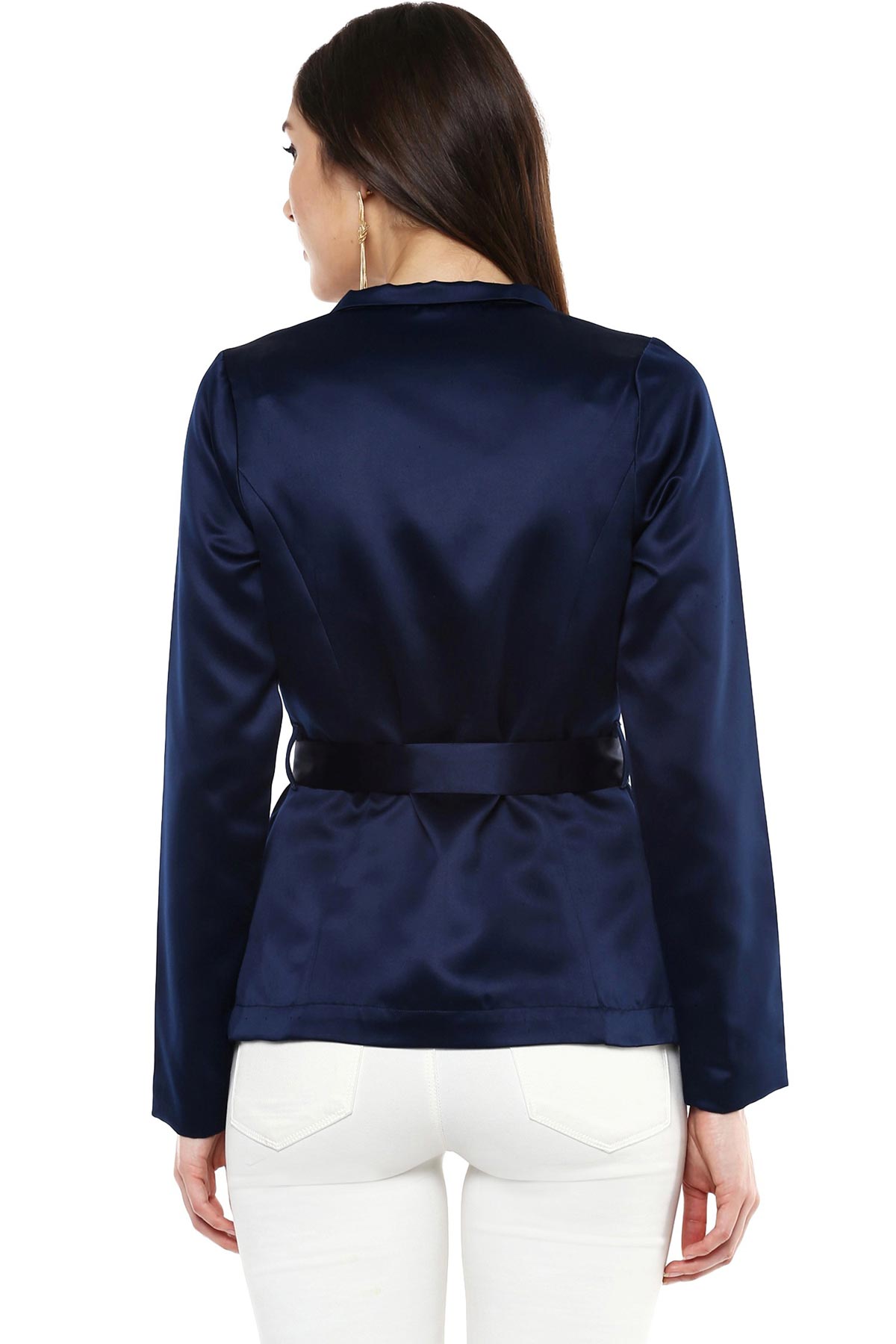 Women's Shawl Collar Navy Belted Jacket - SASSAFRAS