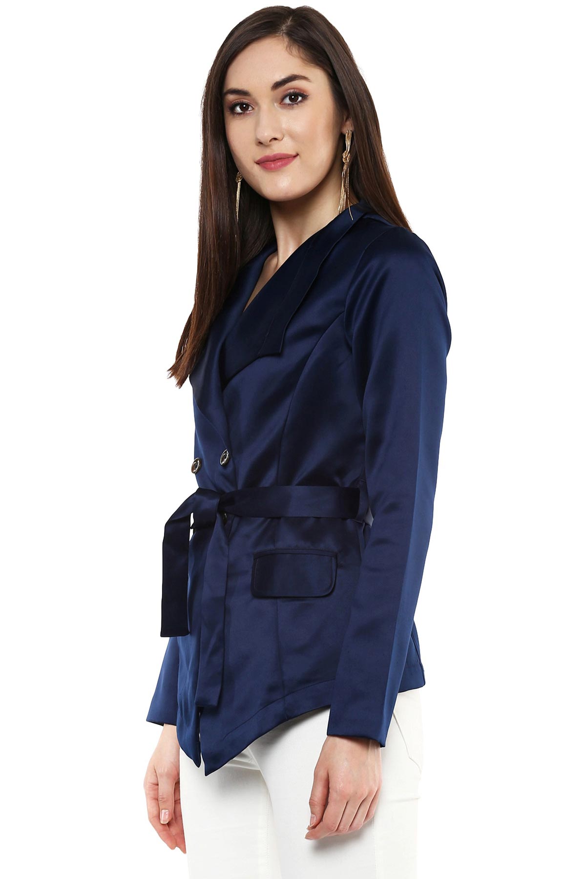 Women's Shawl Collar Navy Belted Jacket - SASSAFRAS