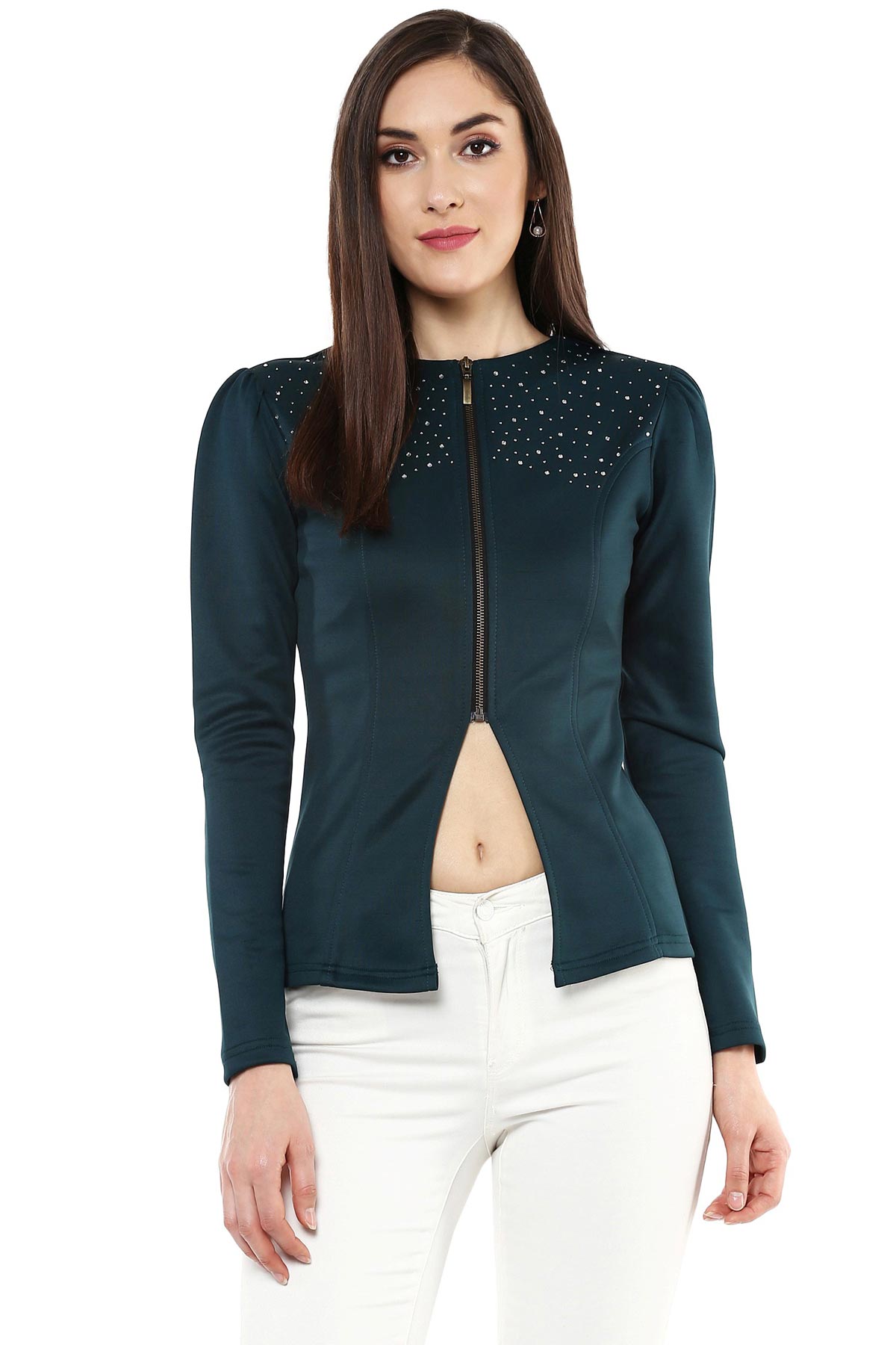 Women's Bottle Green Crystal Studded Jacket - SASSAFRAS