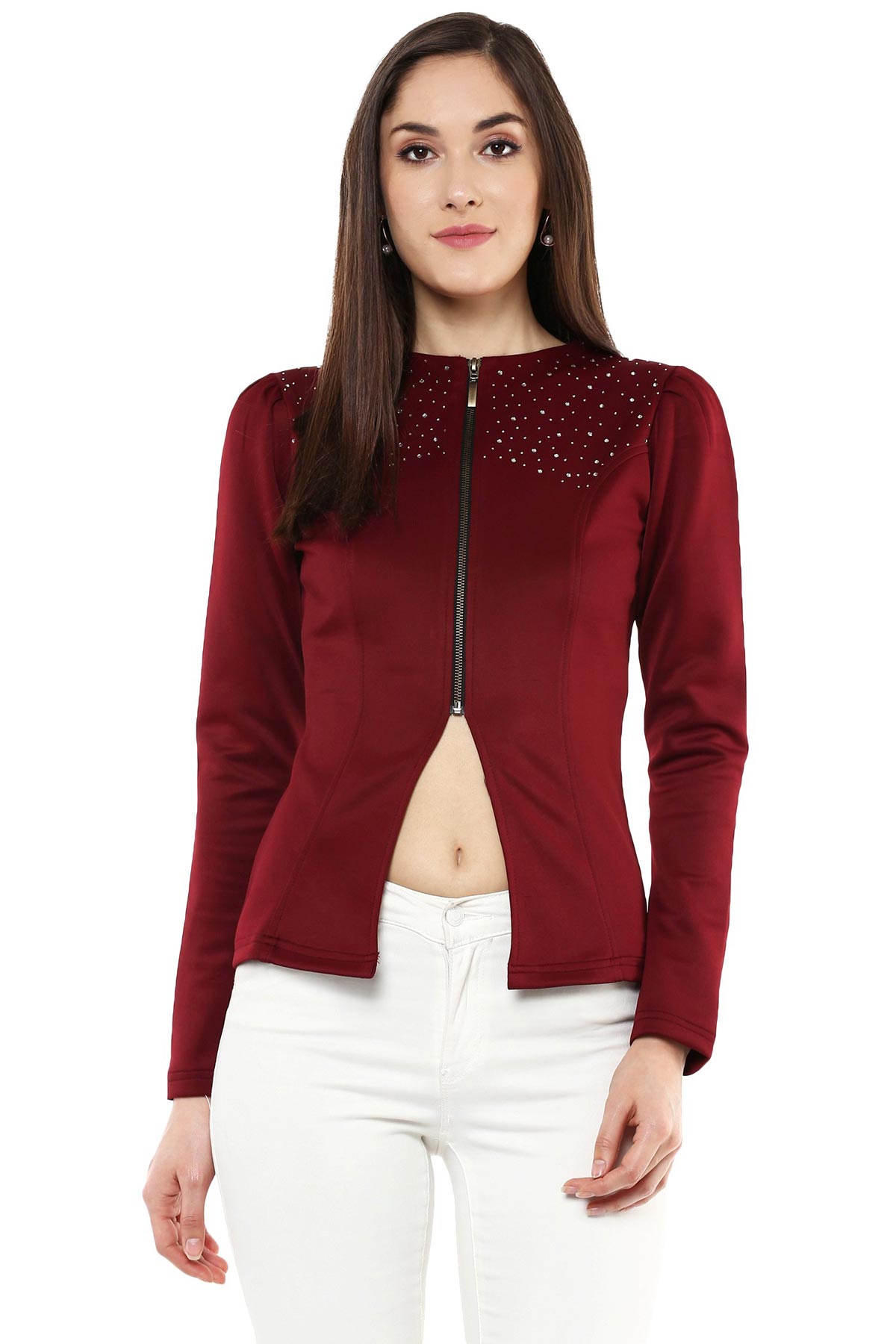 Women's Maroon Crystal Studded Jacket - SASSAFRAS