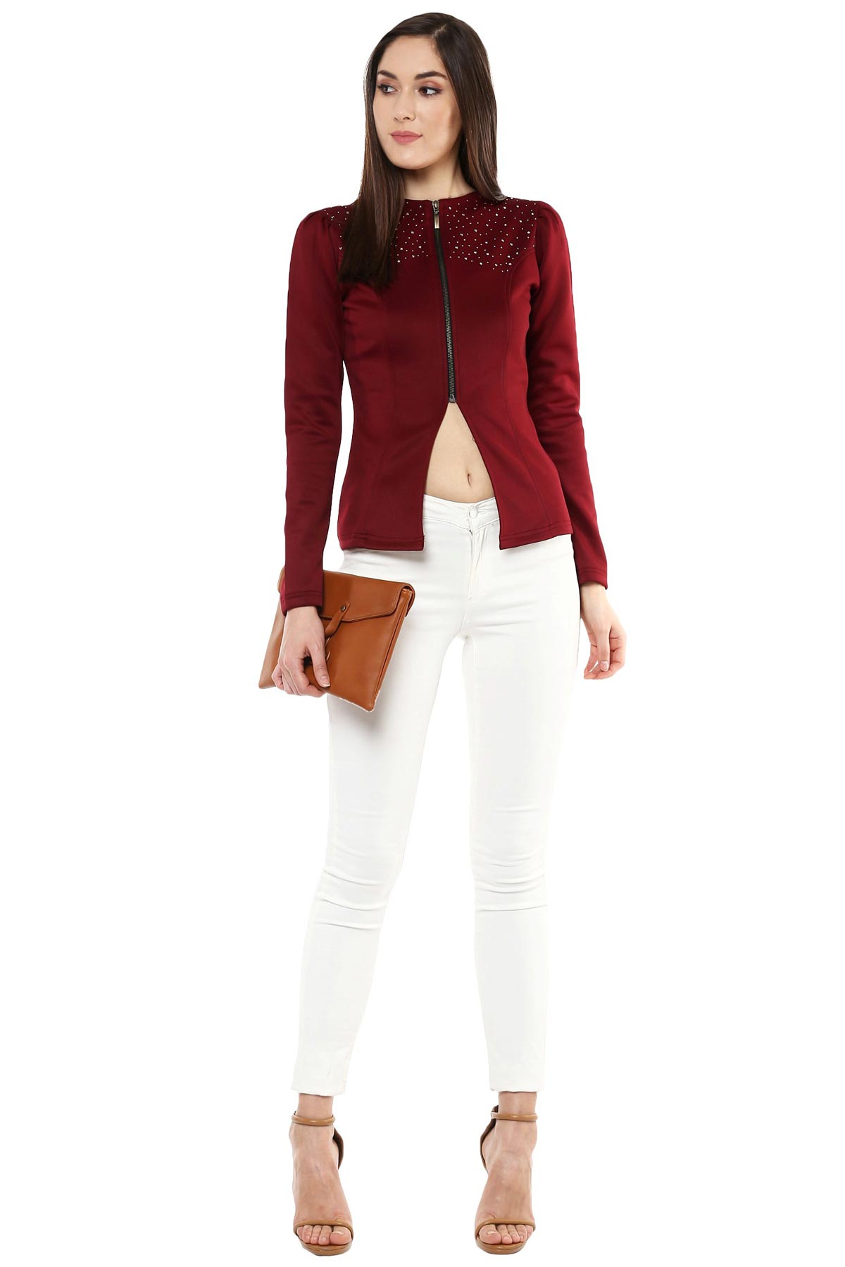 Women's Maroon Crystal Studded Jacket - SASSAFRAS