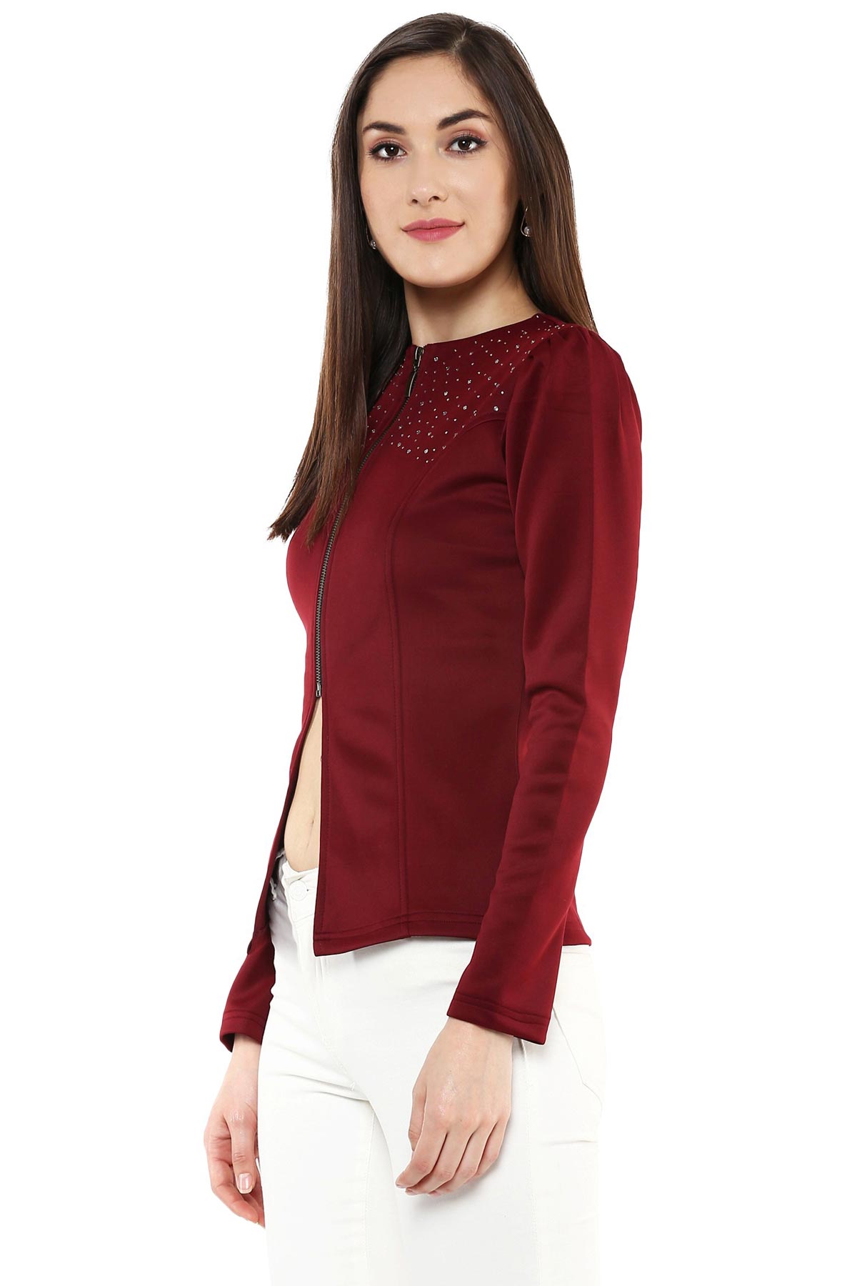 Women's Maroon Crystal Studded Jacket - SASSAFRAS