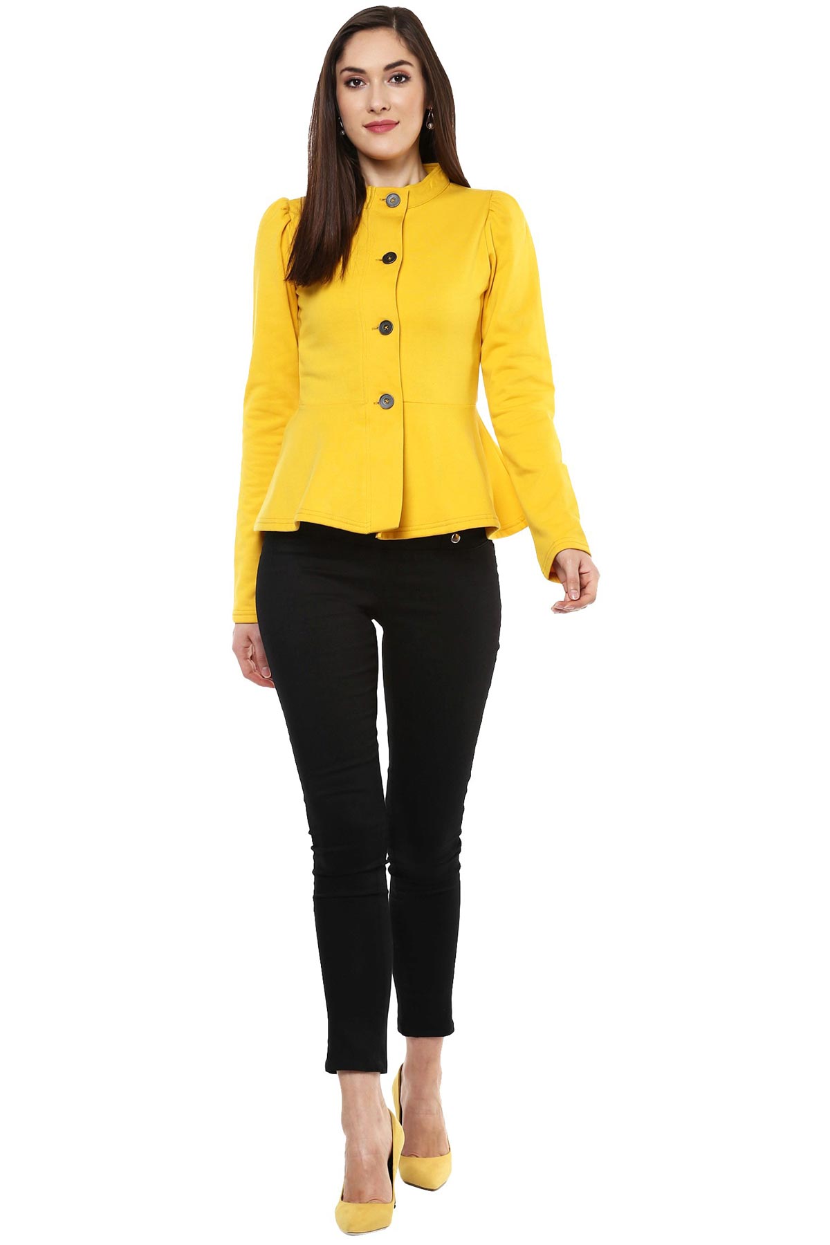 Women's Mustard Fleece Peplum Jacket - SASSAFRAS