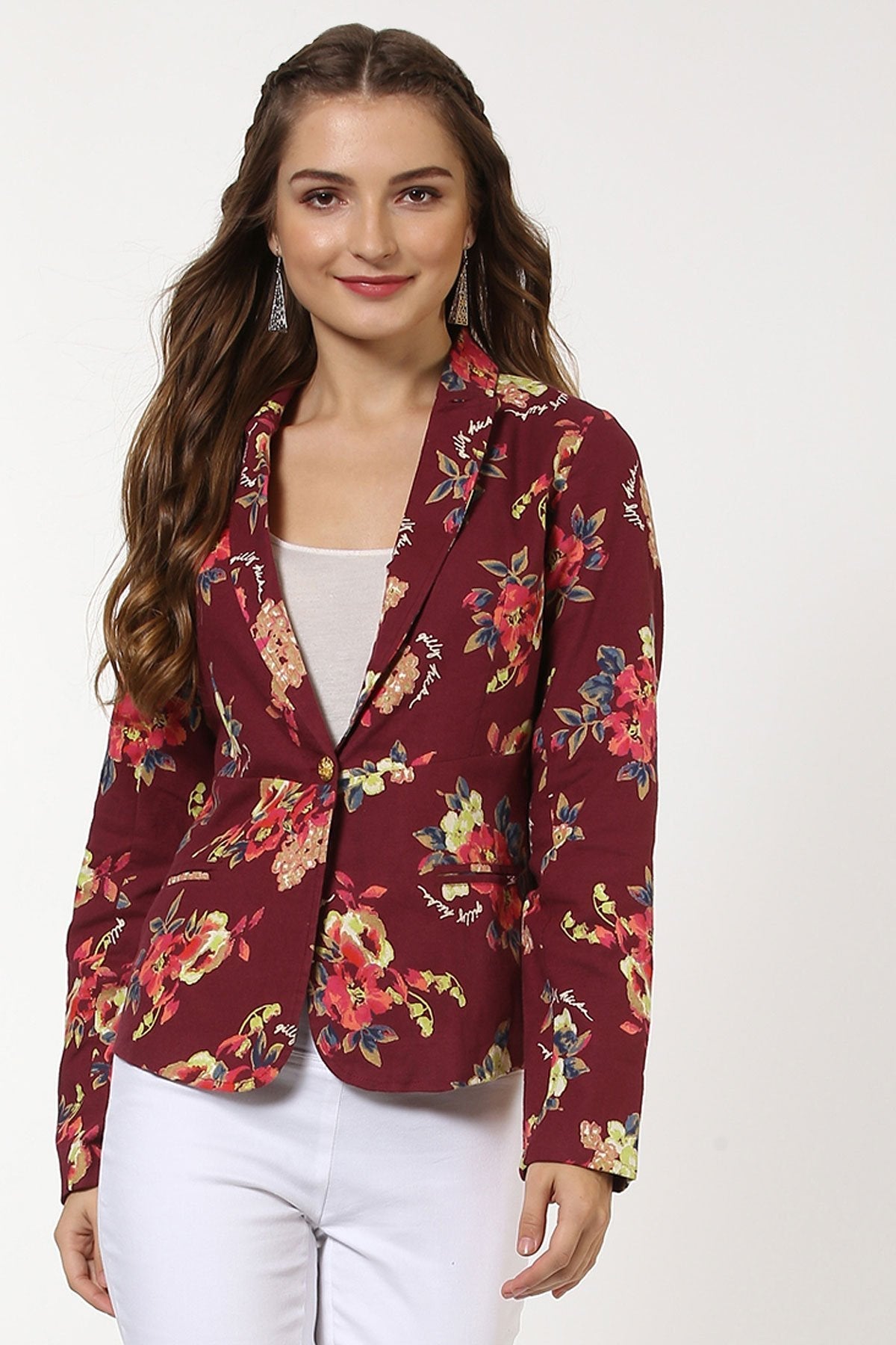 Women's Maroon Floral Blazer - SASSAFRAS