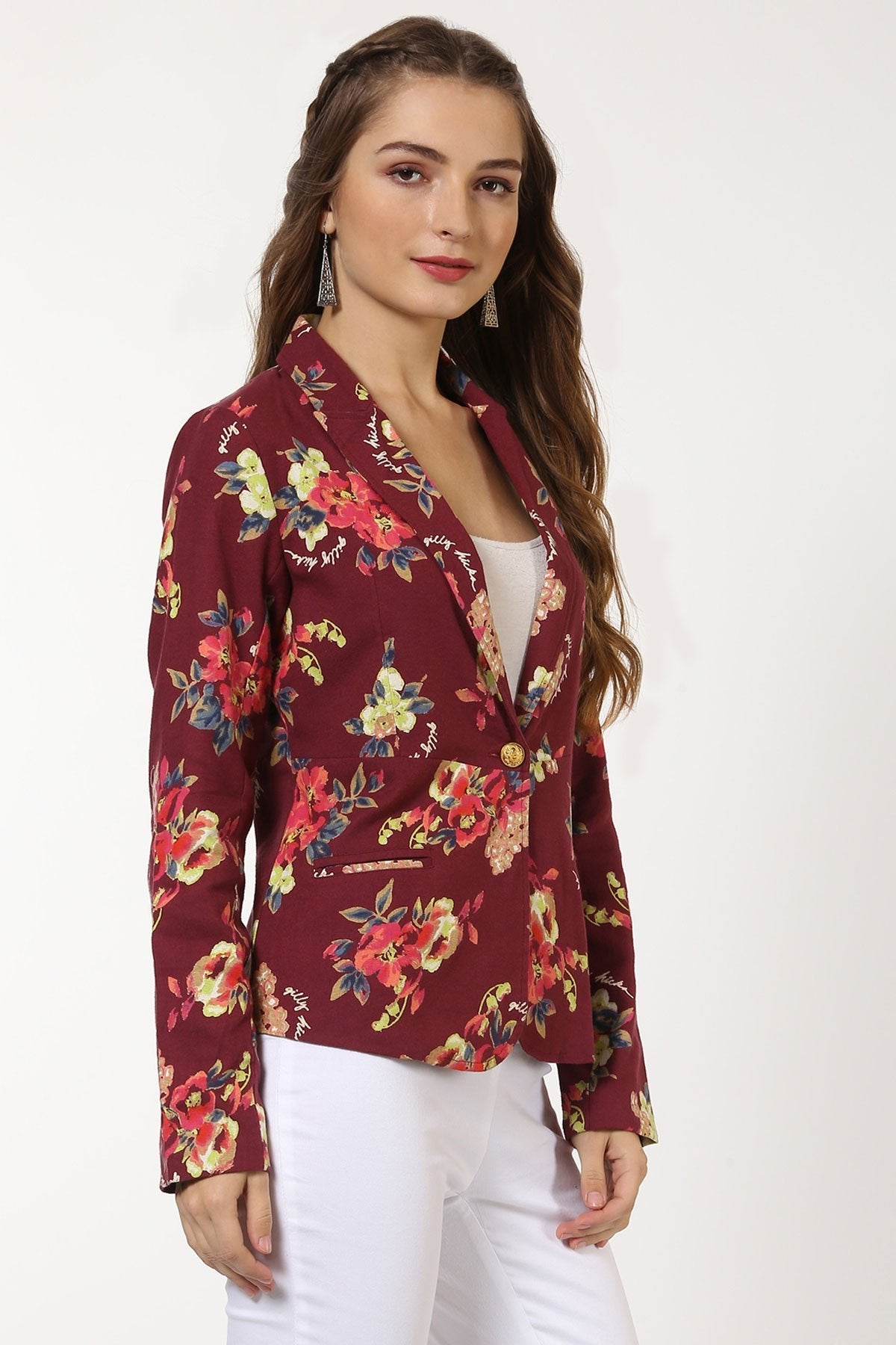 Women's Maroon Floral Blazer - SASSAFRAS