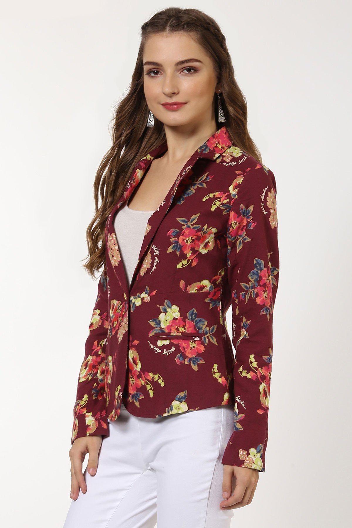 Women's Maroon Floral Blazer - SASSAFRAS