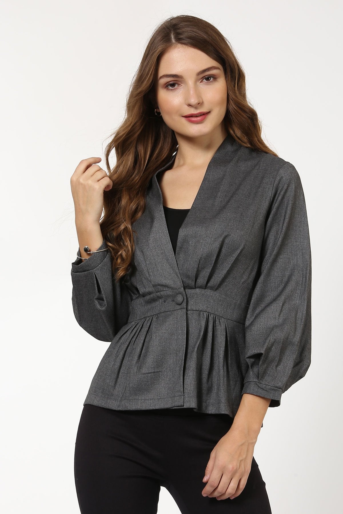 Women's Grey Peplum Balloon Sleeve Blazer - SASSAFRAS