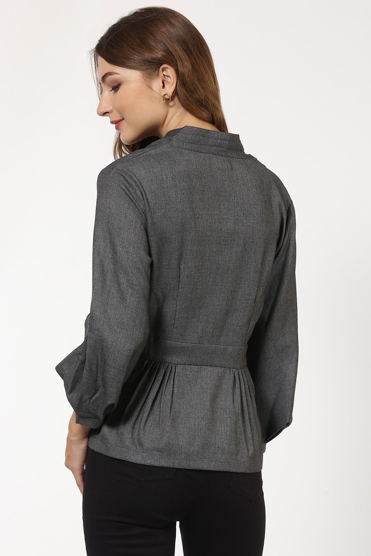 Women's Grey Peplum Balloon Sleeve Blazer - SASSAFRAS