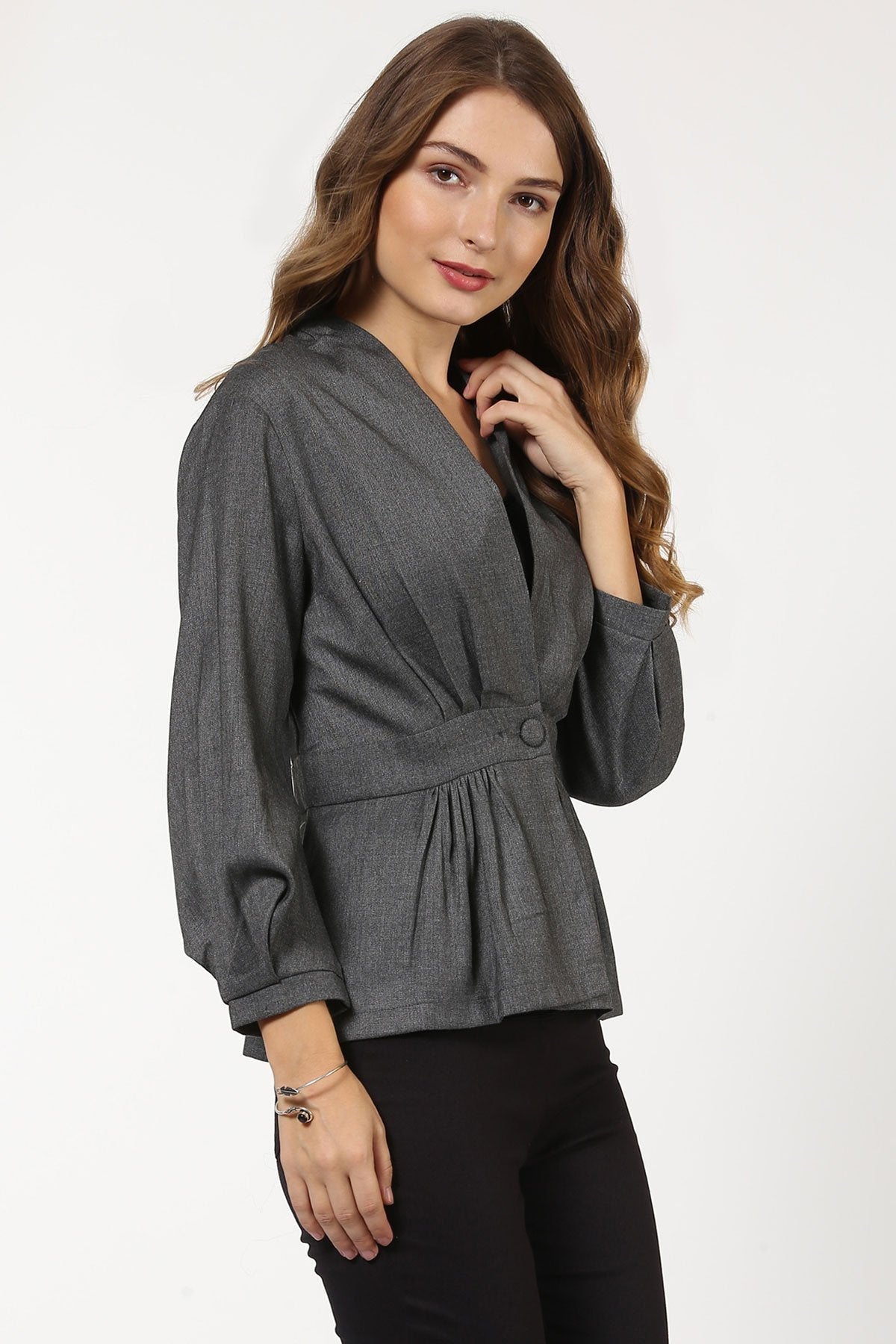 Women's Grey Peplum Balloon Sleeve Blazer - SASSAFRAS