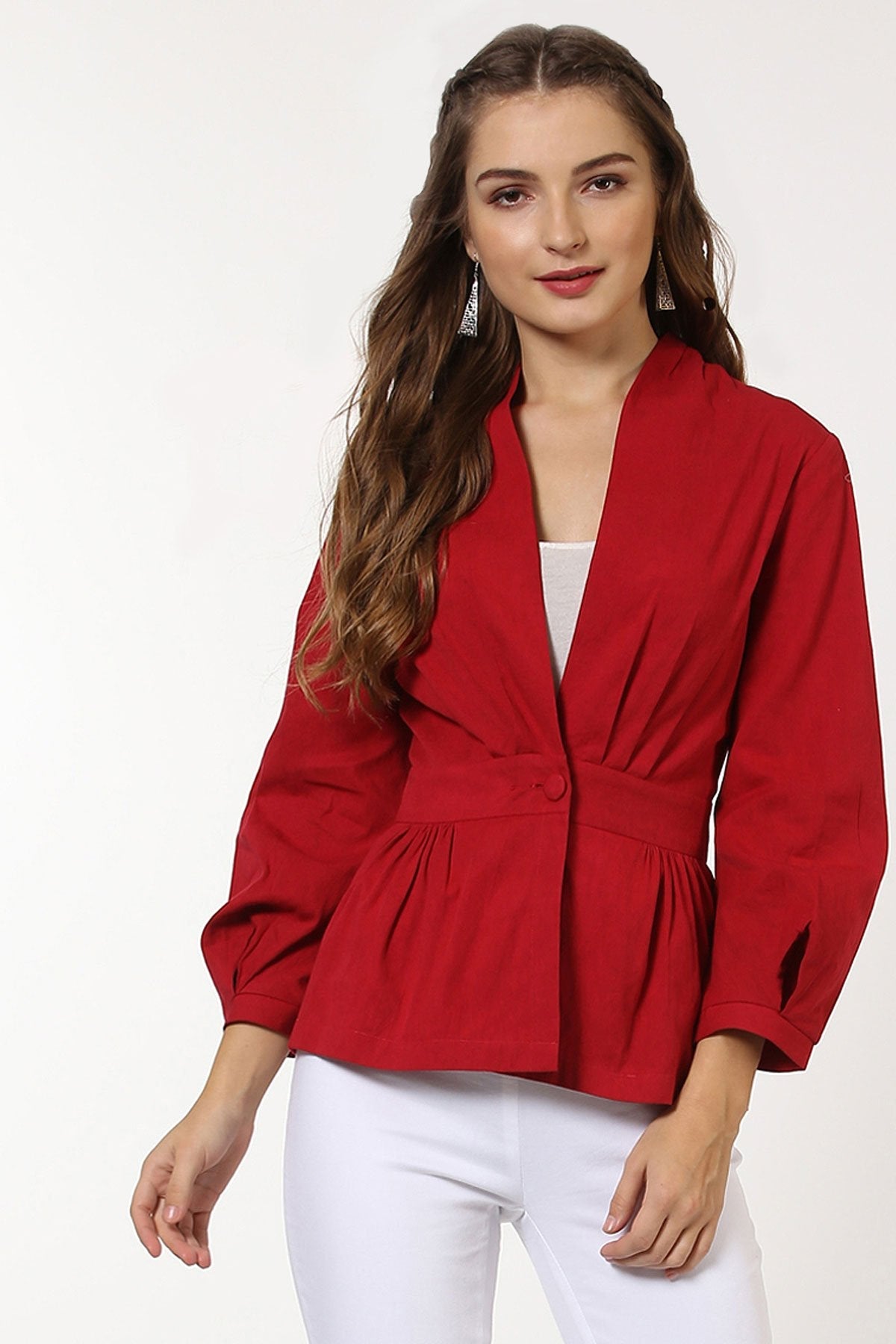 Women's Red Peplum Balloon Sleeve Blazer - SASSAFRAS