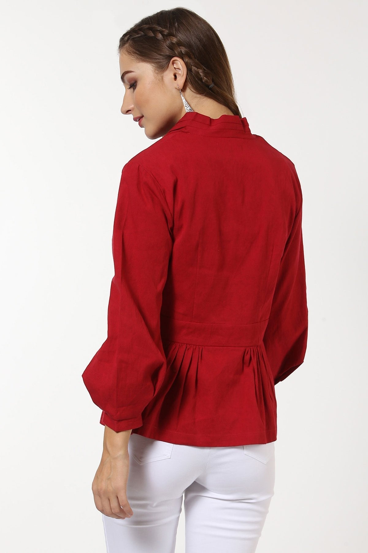 Women's Red Peplum Balloon Sleeve Blazer - SASSAFRAS