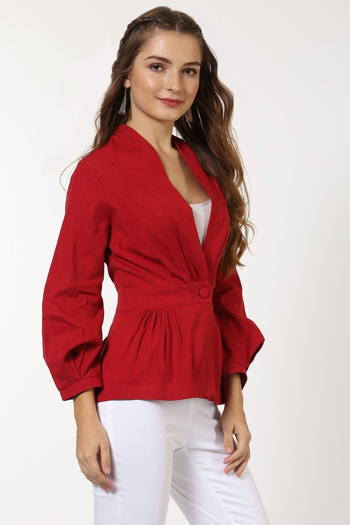 Women's Red Peplum Balloon Sleeve Blazer - SASSAFRAS