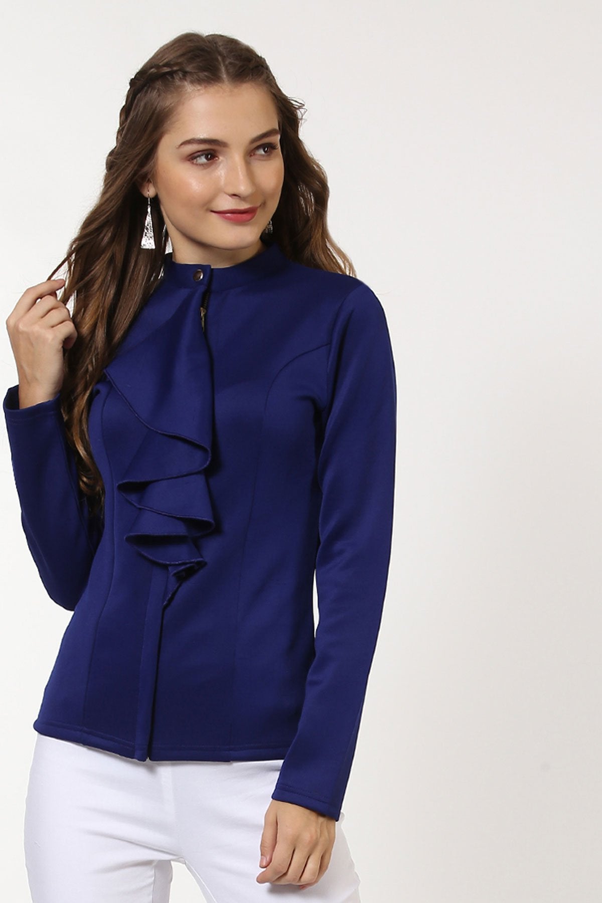 Women's Indigo Scuba Ruffle Placket Jacket - SASSAFRAS