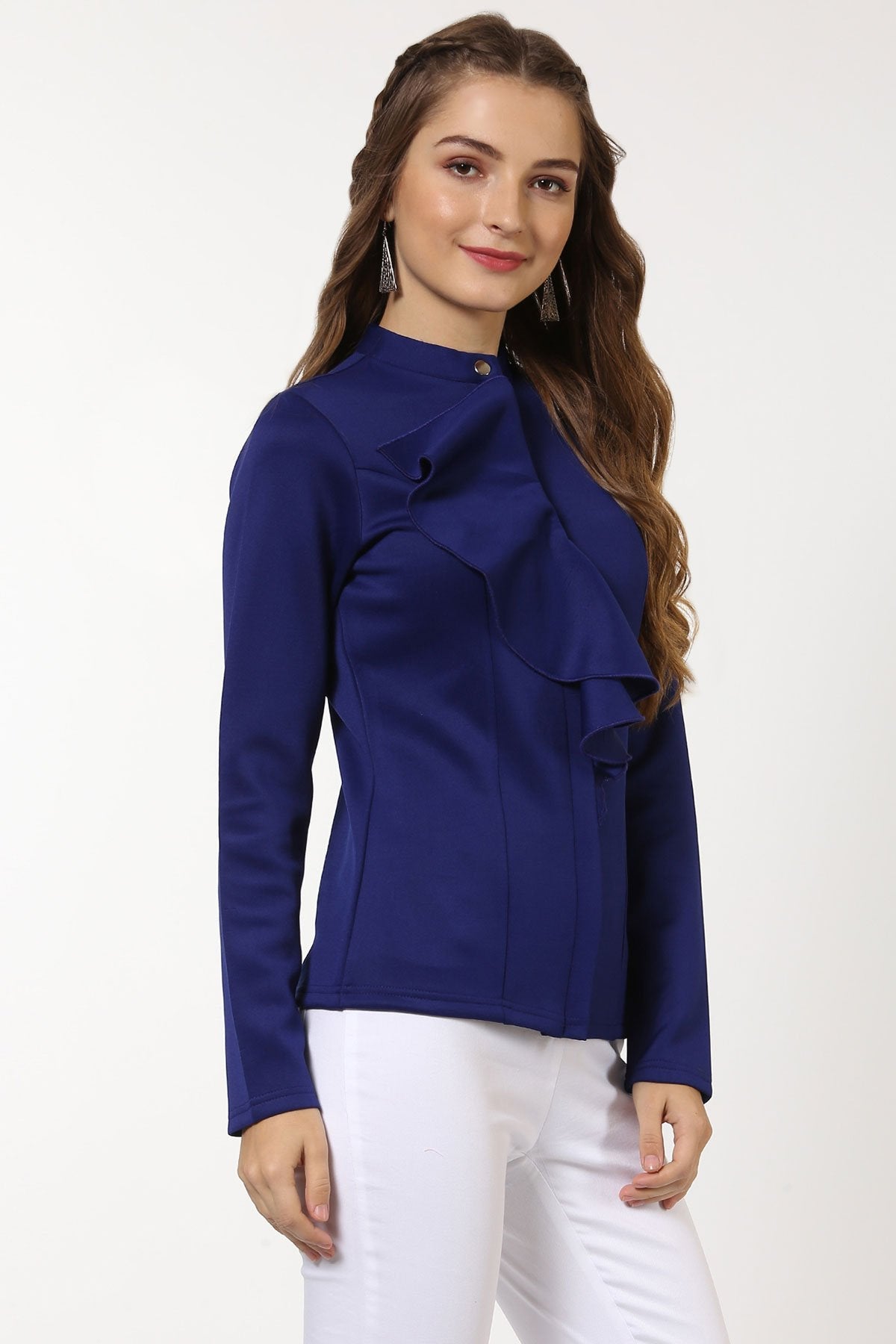 Women's Indigo Scuba Ruffle Placket Jacket - SASSAFRAS