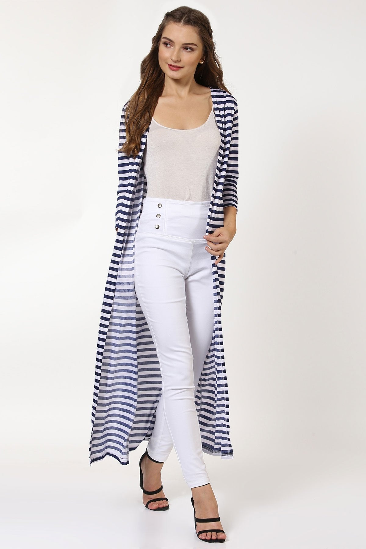 Women's Navy Stripes Longline Shrug - SASSAFRAS